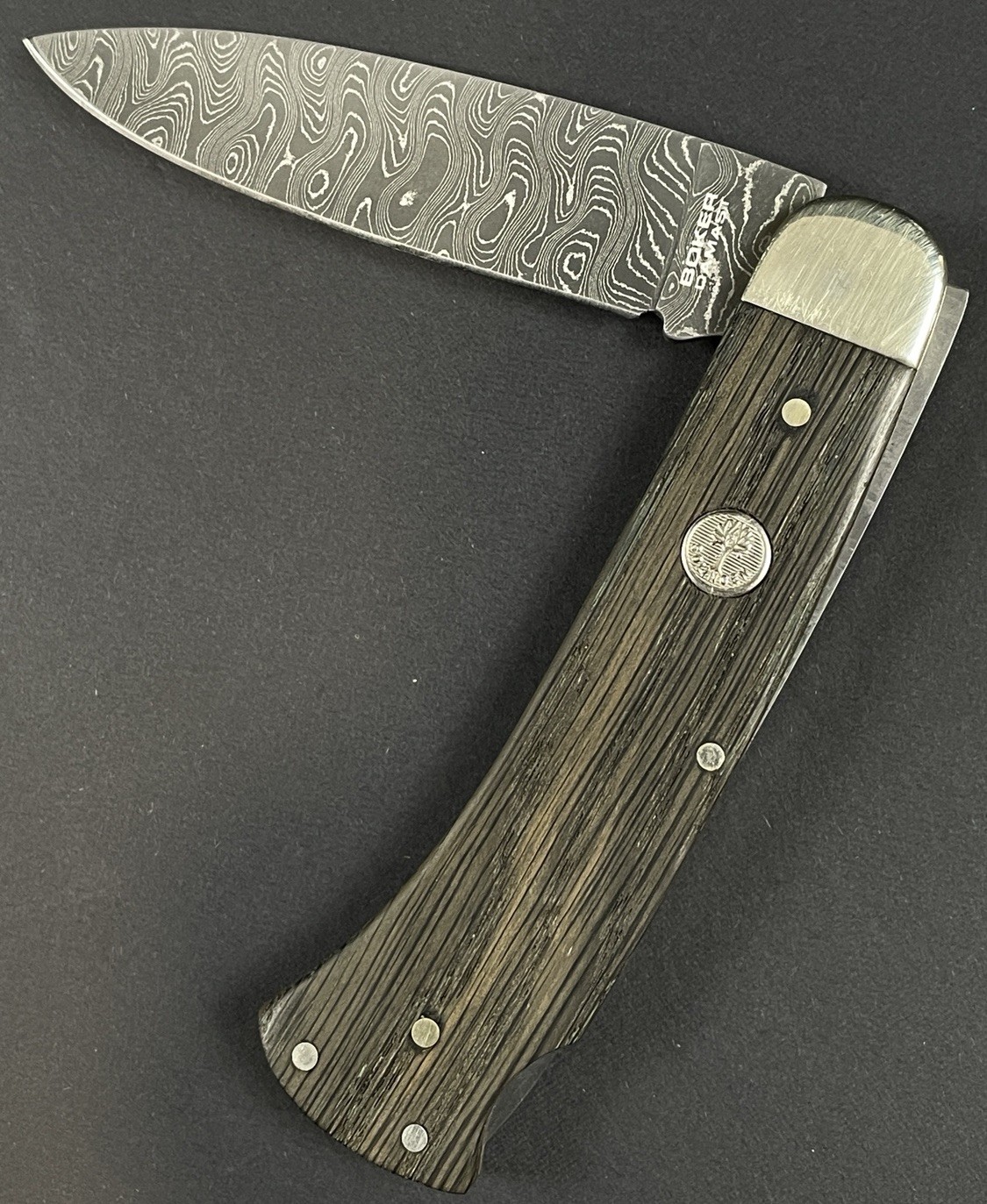 Boker Solingen Damast Knife Damascus Steel Folding Pocket Knife w/ Wood Grip