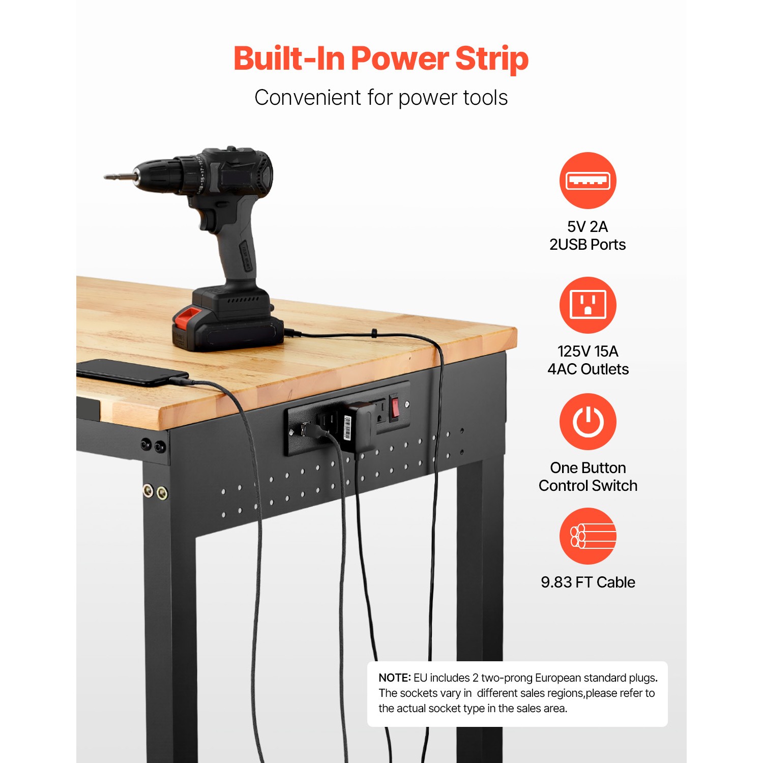 48" Adjustable Height Workbench on Wheels with Power Outlet & Pegboard