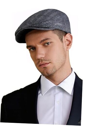 Men's Flat Cap Newsboy Hats Herringbone Tweed Cabbie Hats Large-X-Large Black