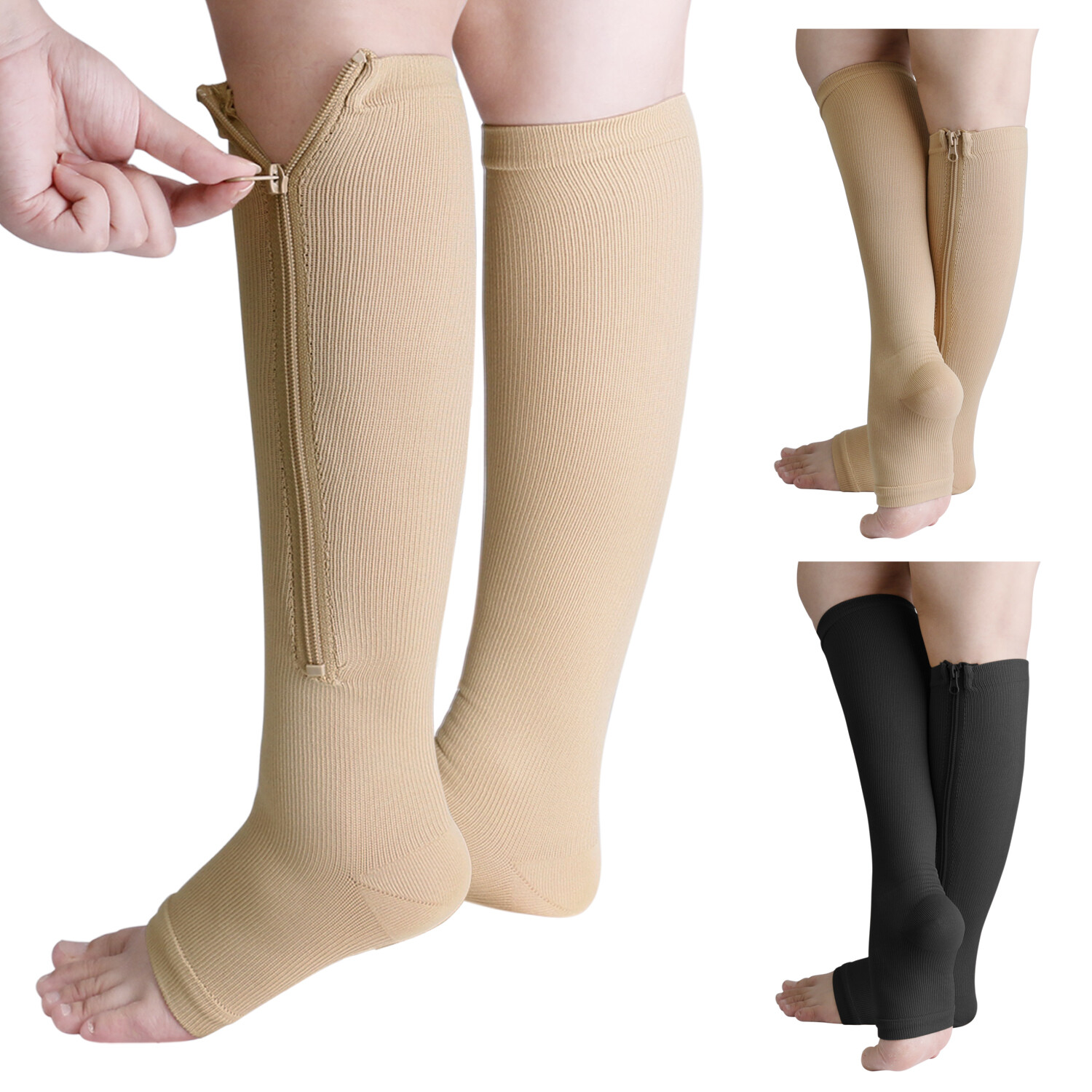 Nylon Zipper Compression Socks - 20-30mmHg Graduated Support for Men & Women