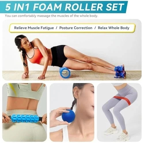 5 in 1 Foam Roller Set for Deep Tissue Muscle Massage, High Density Deep Blue