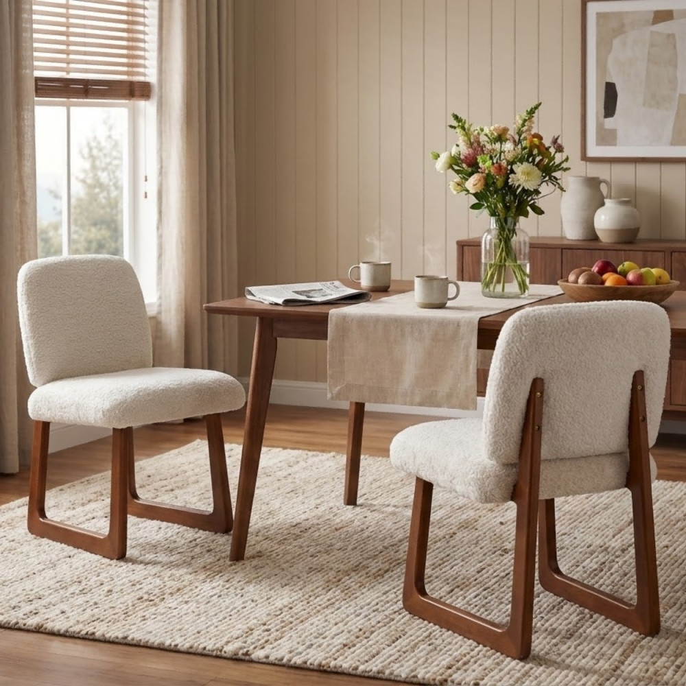 Dining Chair Set of 2, Plush Fabric Upholstered Dining Chairs with Curved Wooden