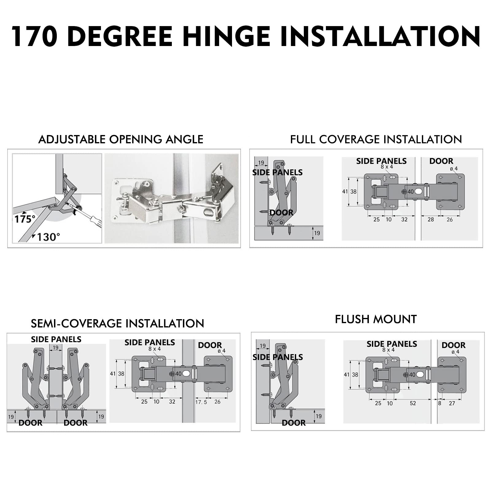 Jiaxitek 2-Pack 170 Degree Hidden Hinges, Hydraulic Adjustable Surface Mount ...