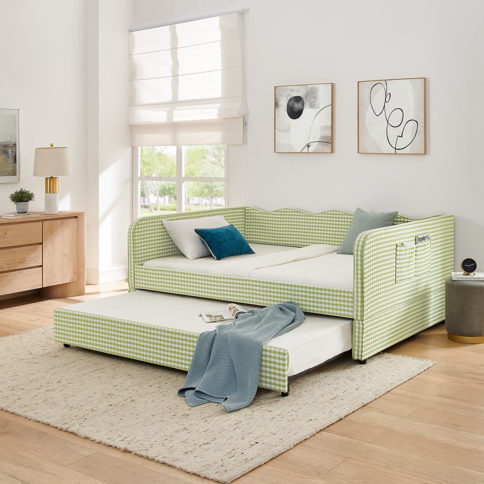 Full‑Size Daybed, Gingham Upholstered 3‑in‑1 Versatile Convertible Sofa Bed