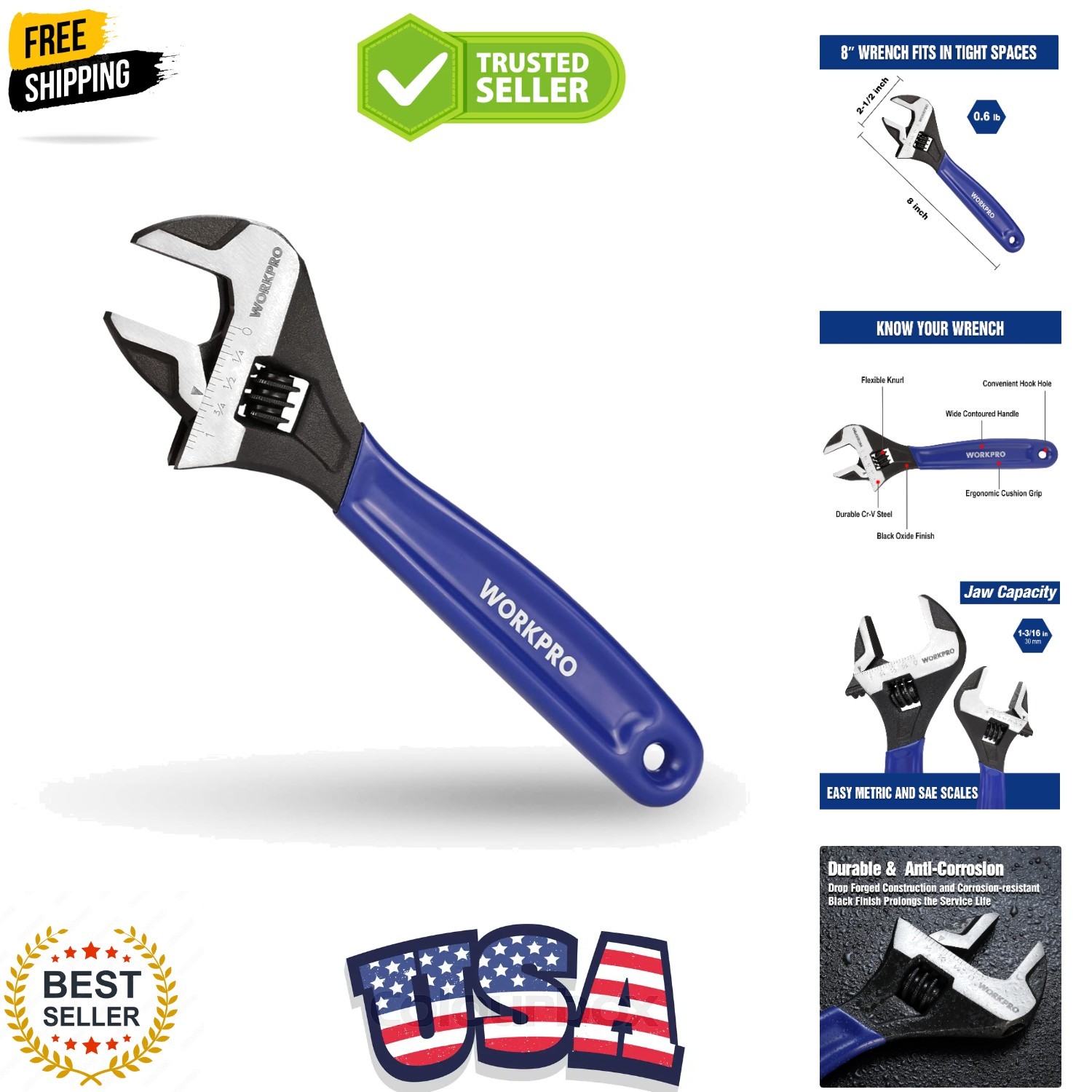 8-Inch Adjustable Wrench, Cr-V Steel Wide Jaw Black Oxide Wrench, Metric & SA...