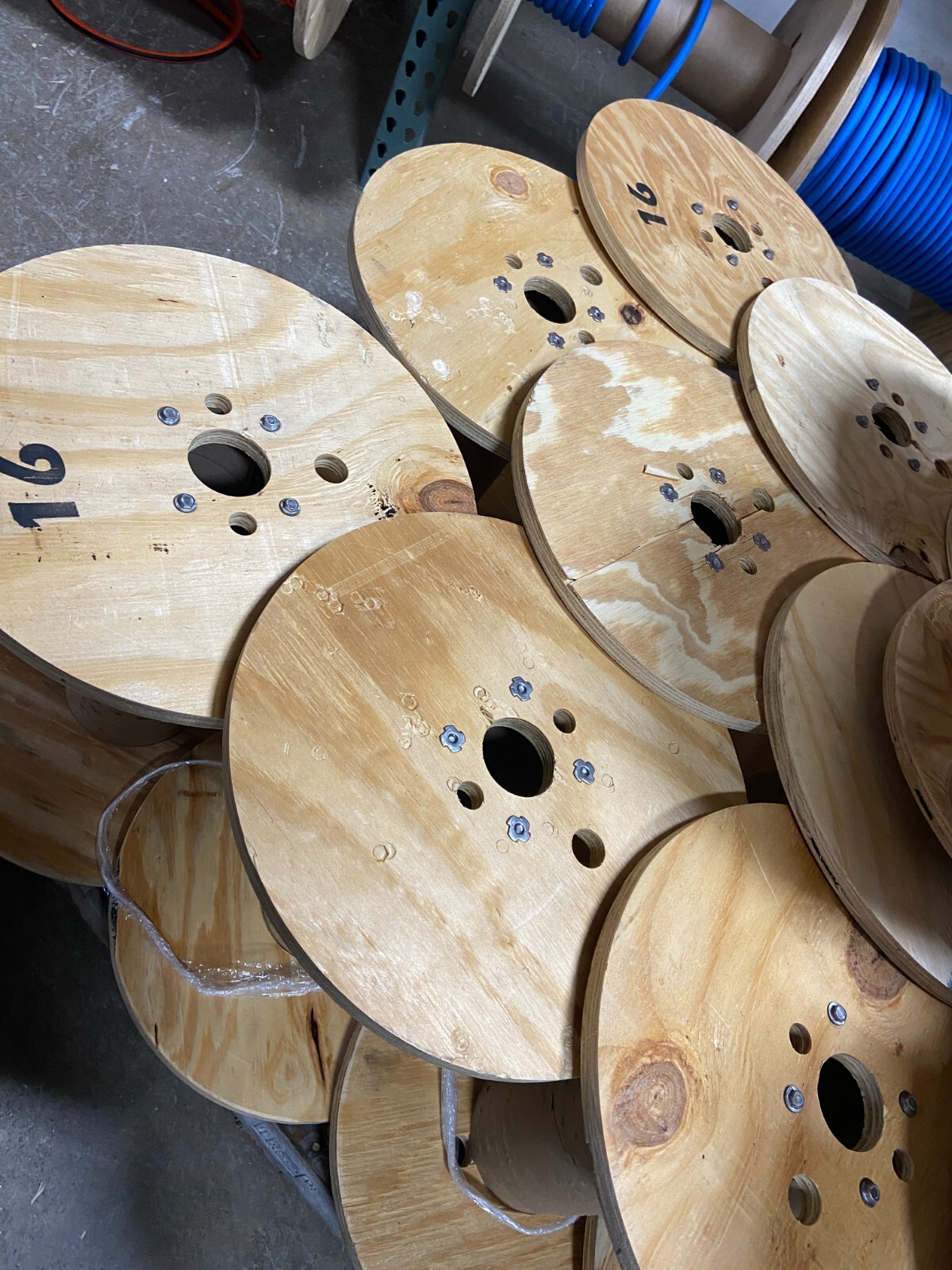 SKID OF (27) 16" X 16 1/8 inch wood cable reeL wire spool holds 500 feet of 2/0