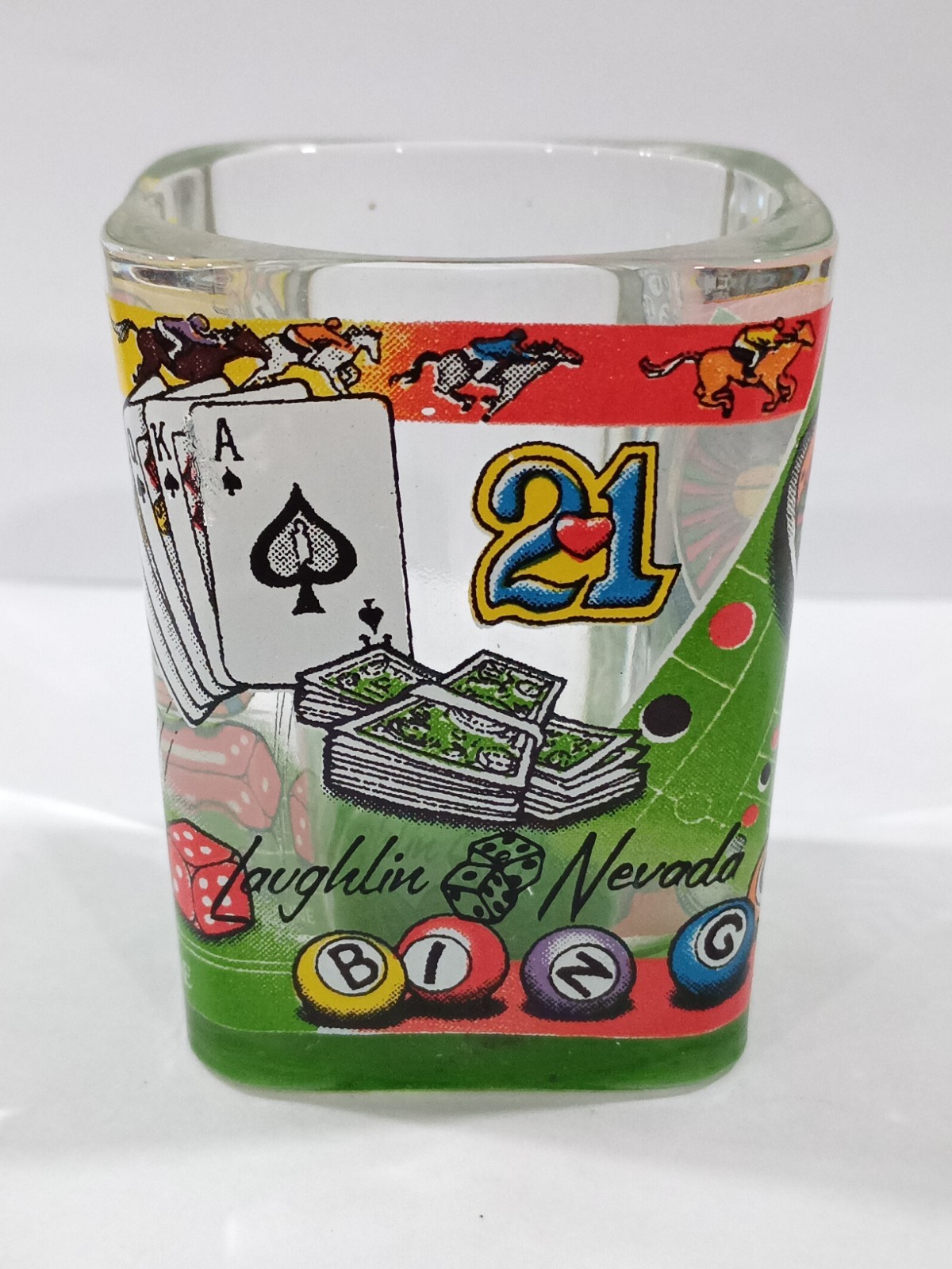 LAUGHLIN, NEVADA CASINO GAMES LOGO SHOT GLASS GREAT FOR ANY VINTAGE COLLECTION!