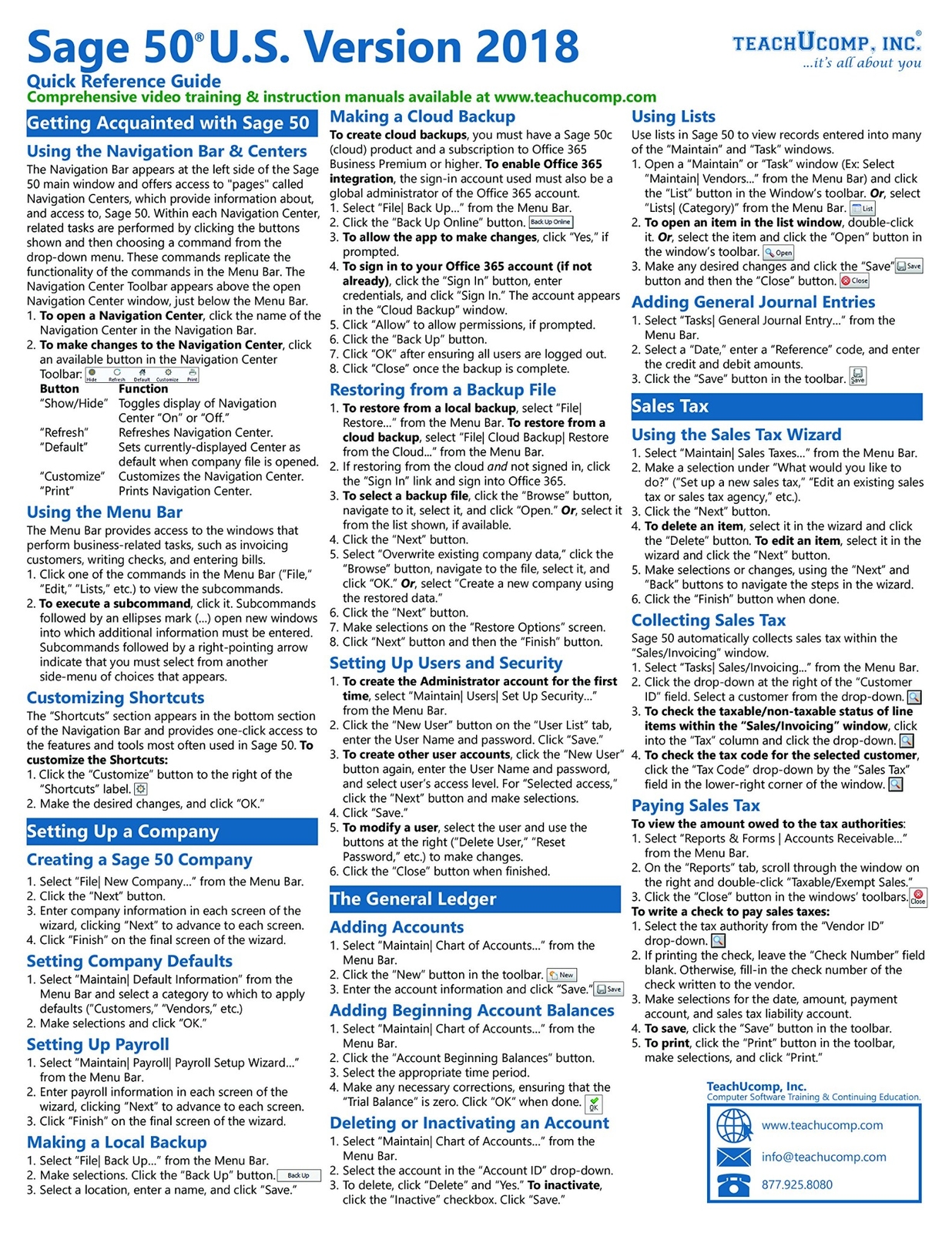 Sage 50 2018 Training Guide Quick Reference Card 4 Page Cheat Sheet Instructions