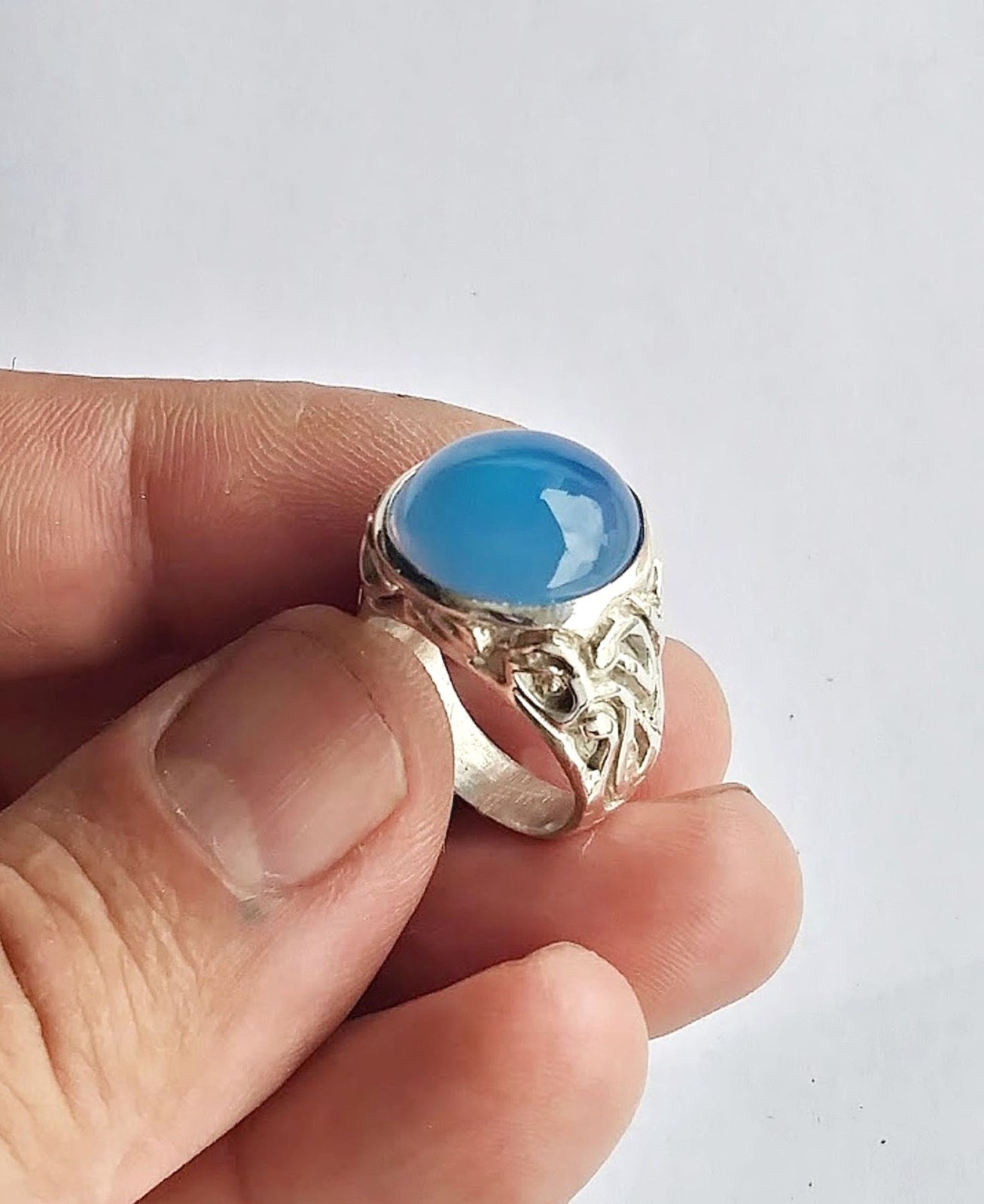 Men's blue cabochon Chalcedony ring  silver .925 unique design By Jewels USA
