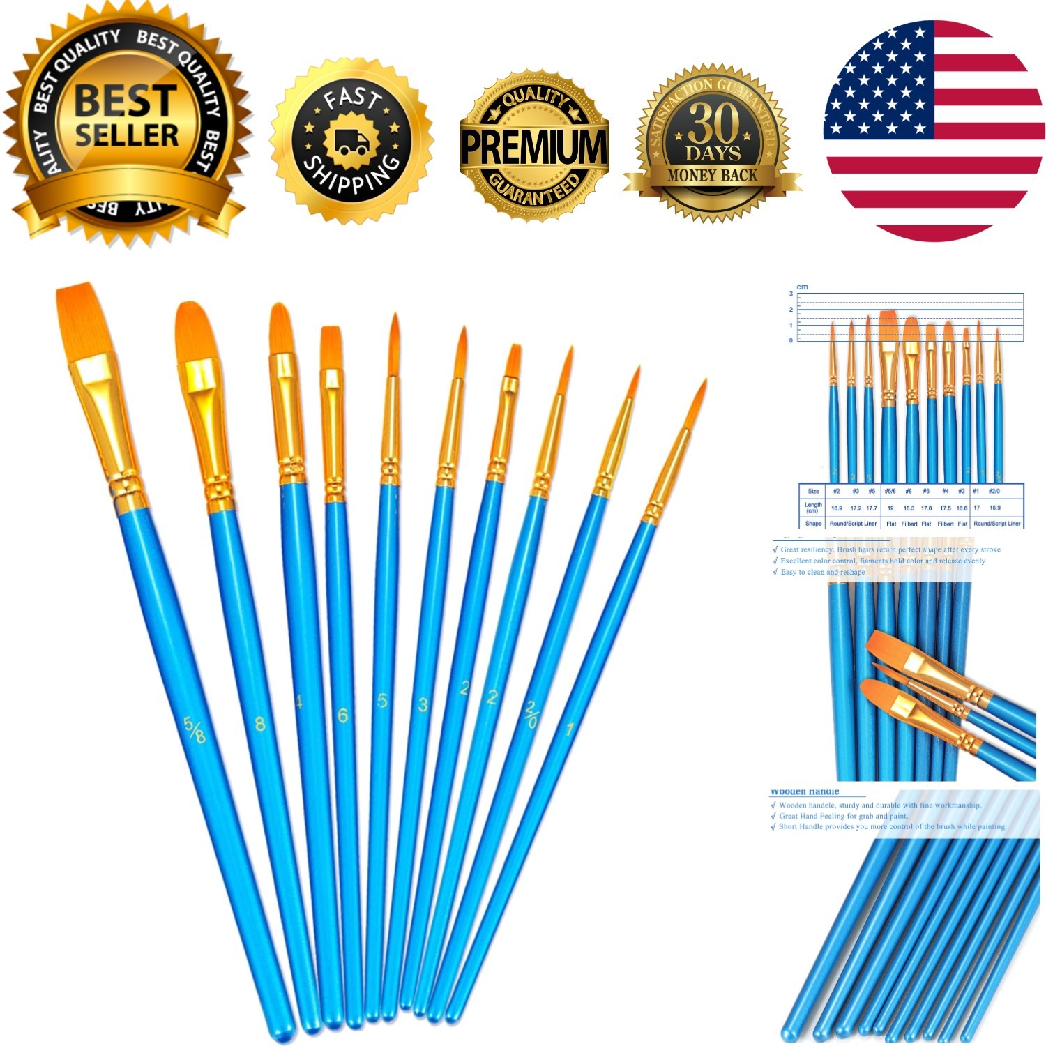 Paint Brush Set, 10pcs Round Pointed Tip Nylon Hair Artist Detail Paintbrushe...