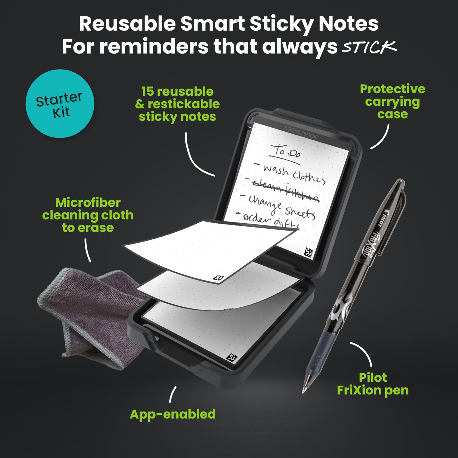 Rocketbook Reusable Sticky Notes Starter Pack, Restick and Reorganize Memo Pads,
