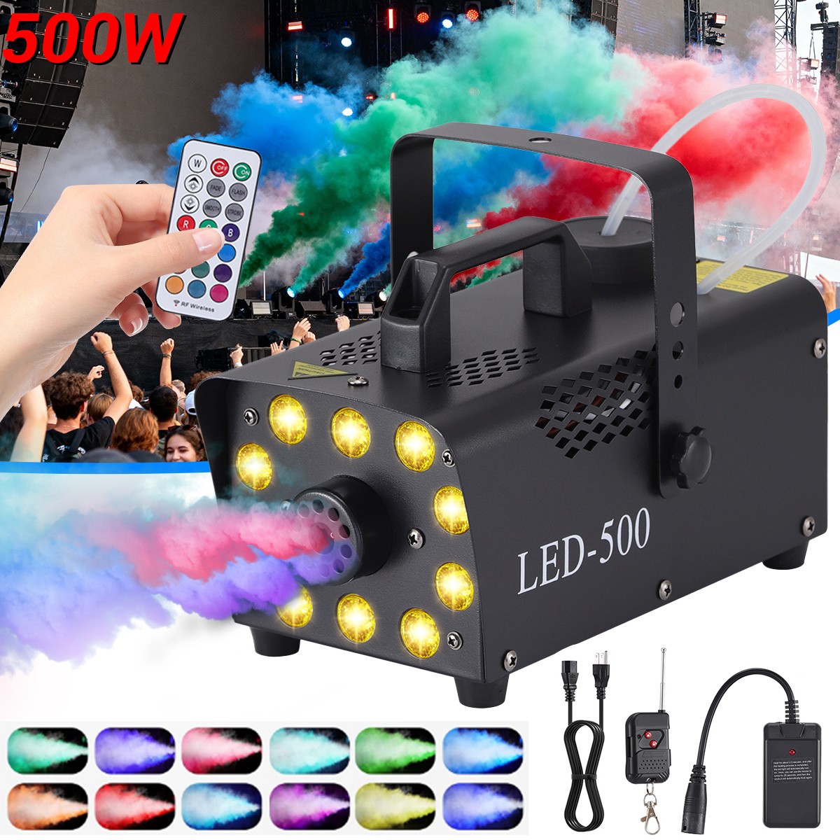 500W Fog Machine RGB 3in1 10 LED w/Remote DJ Disco Party KTV Stage Fogger Smoker