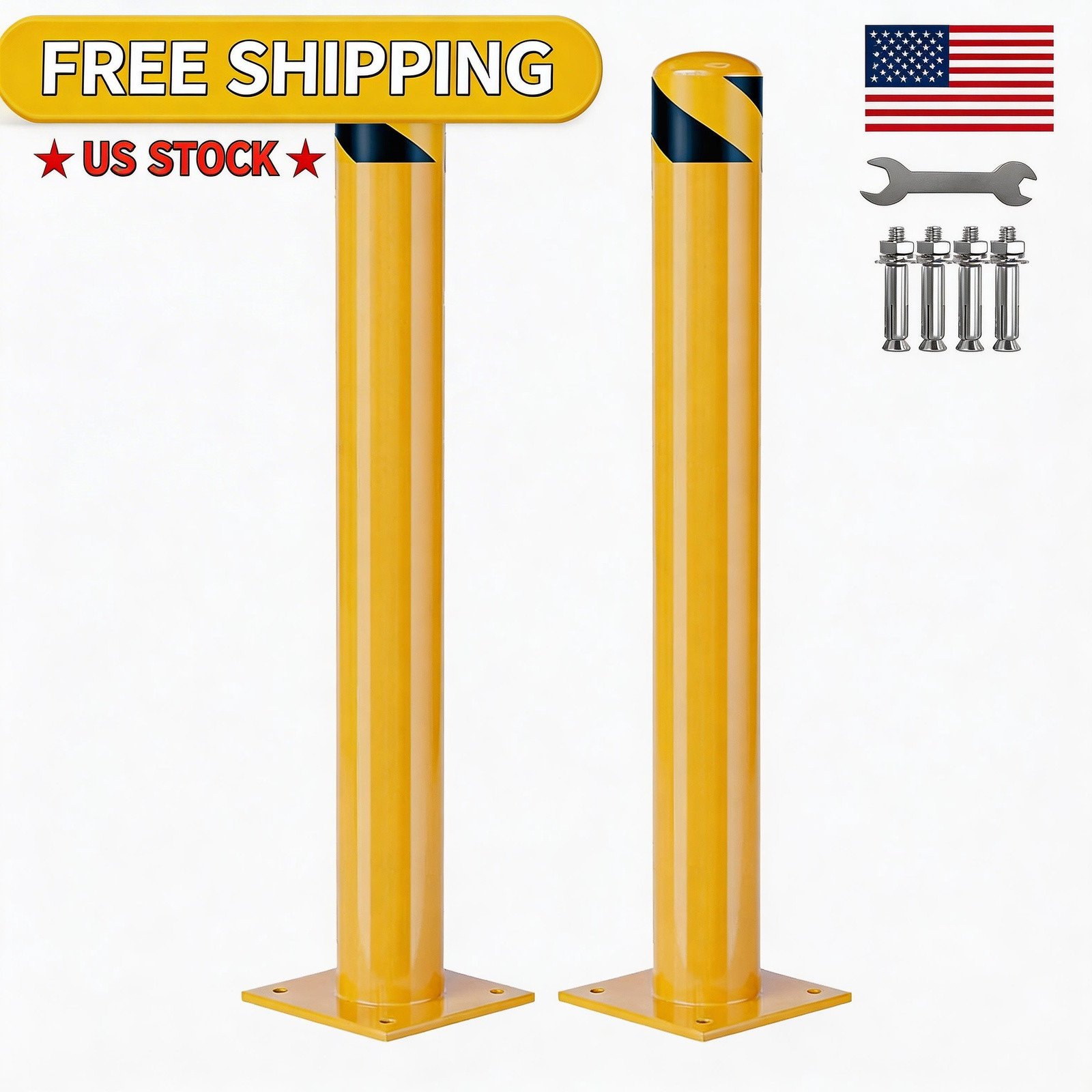 2 Packs 36 Inch Height Bollard Post, 4.5 Inch Diameter, Yellow Safety Steel Boll