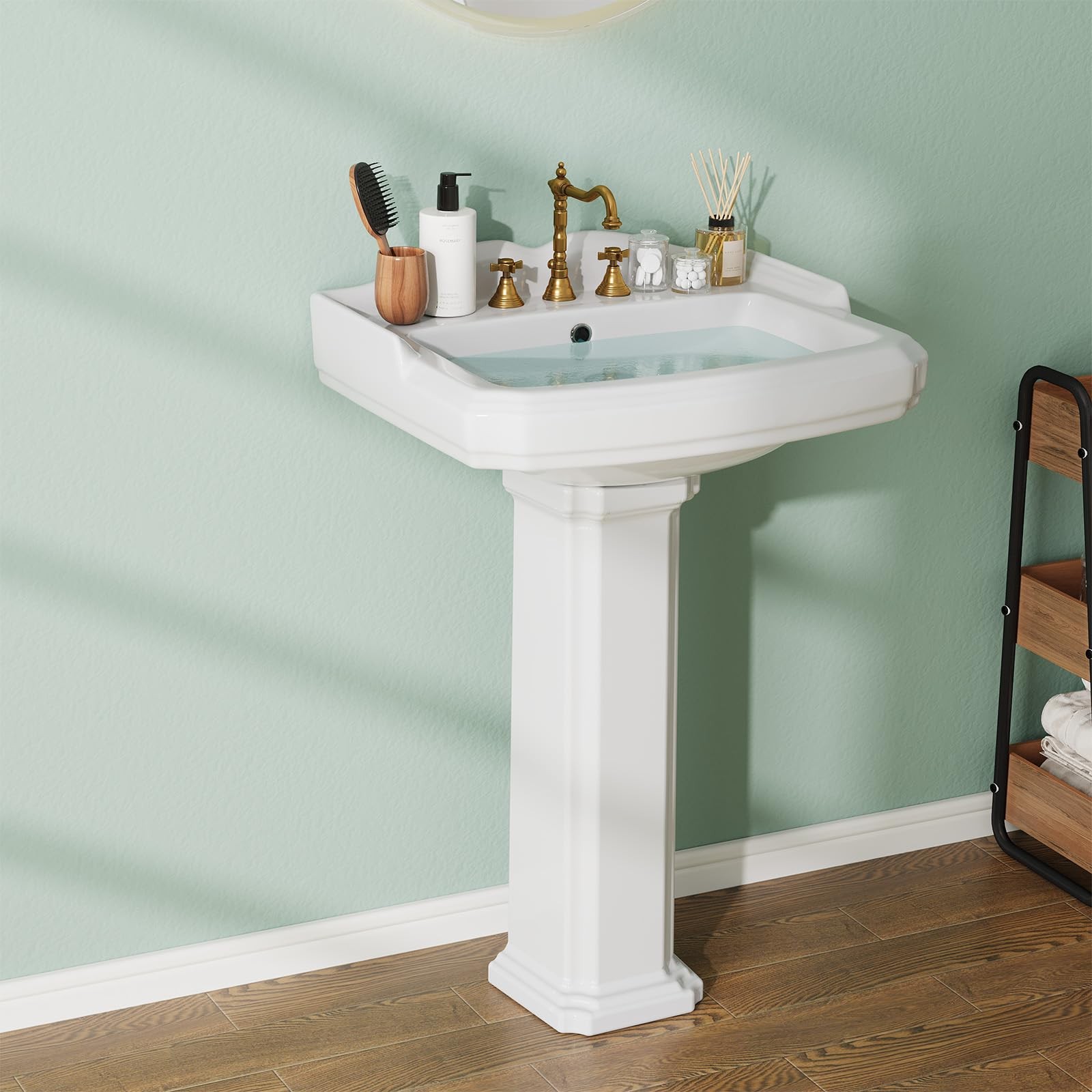 Bathroom Pedestal Sinks,Large 26.4" Bathroom Pedestal Sink 3-Hole 8" Spread F...