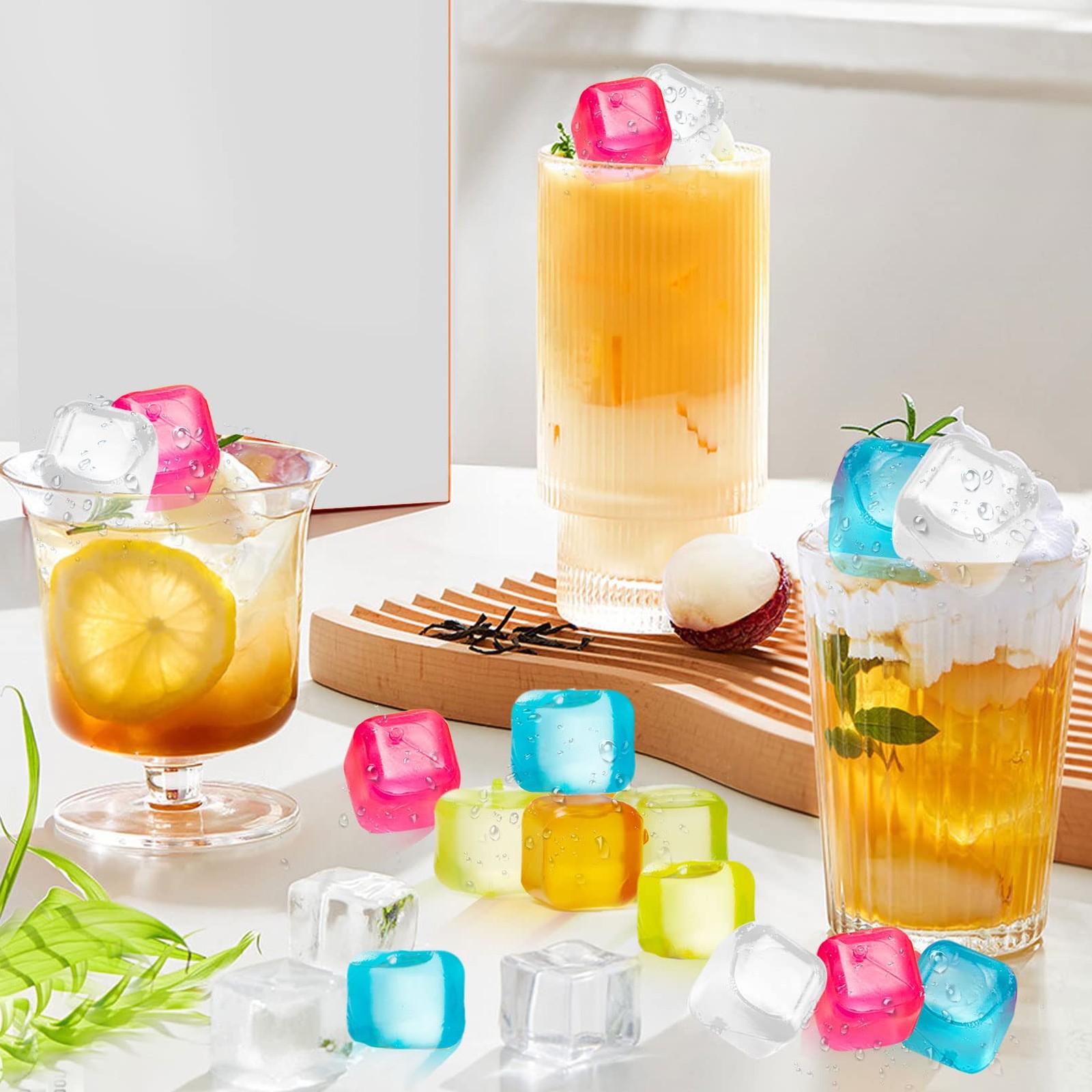 60Pcs Reusable Ice Cubes - Colorful Plastic, Non-Diluting Square Cubes for Dr