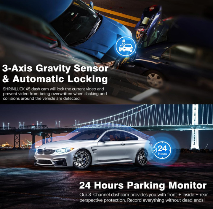 SHRINLUCK 4K+1080P+1080P 5.8GHz WiFi Dash Cam Front and Rear Inside, 64G SD