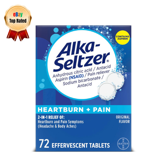 Alka-Seltzer Heartburn + Pain Aspirin Antacid Effervescent 72 Count White New
