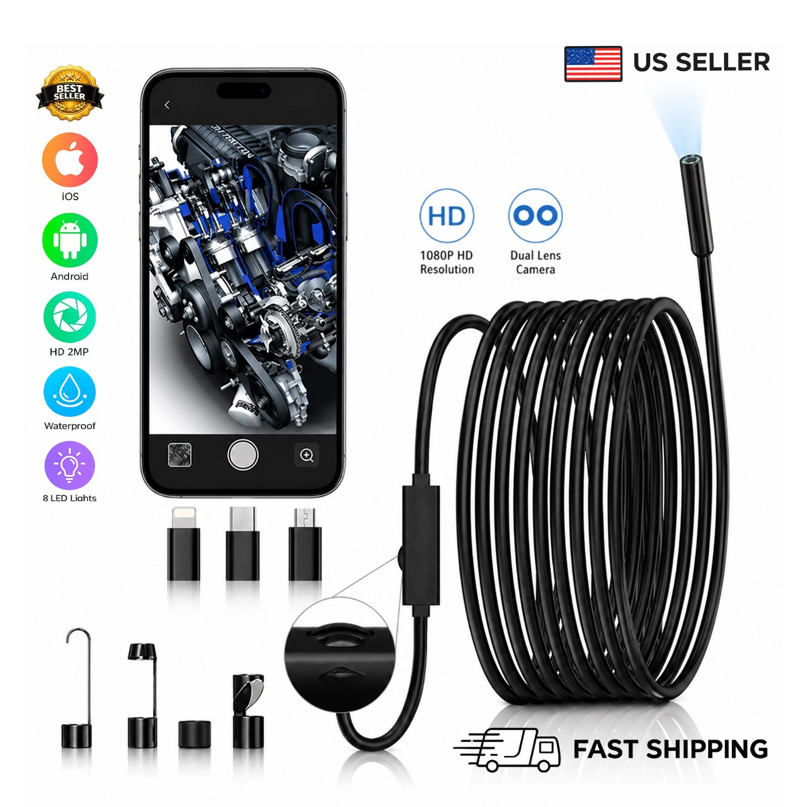 Endoscope Borescope 8mm, 1920P HD Inspection Snake Camera for iPhone Android iOS