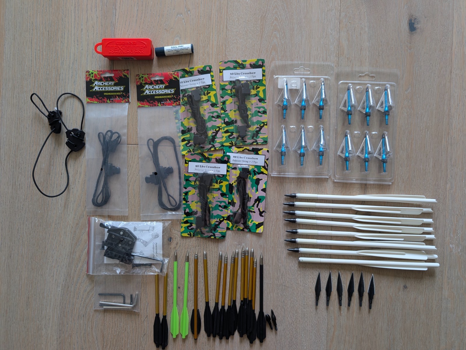 Crossbow Archery Accessories Lot - 80lbs Strings, 3-Blade Broadheads, Bolts Wax