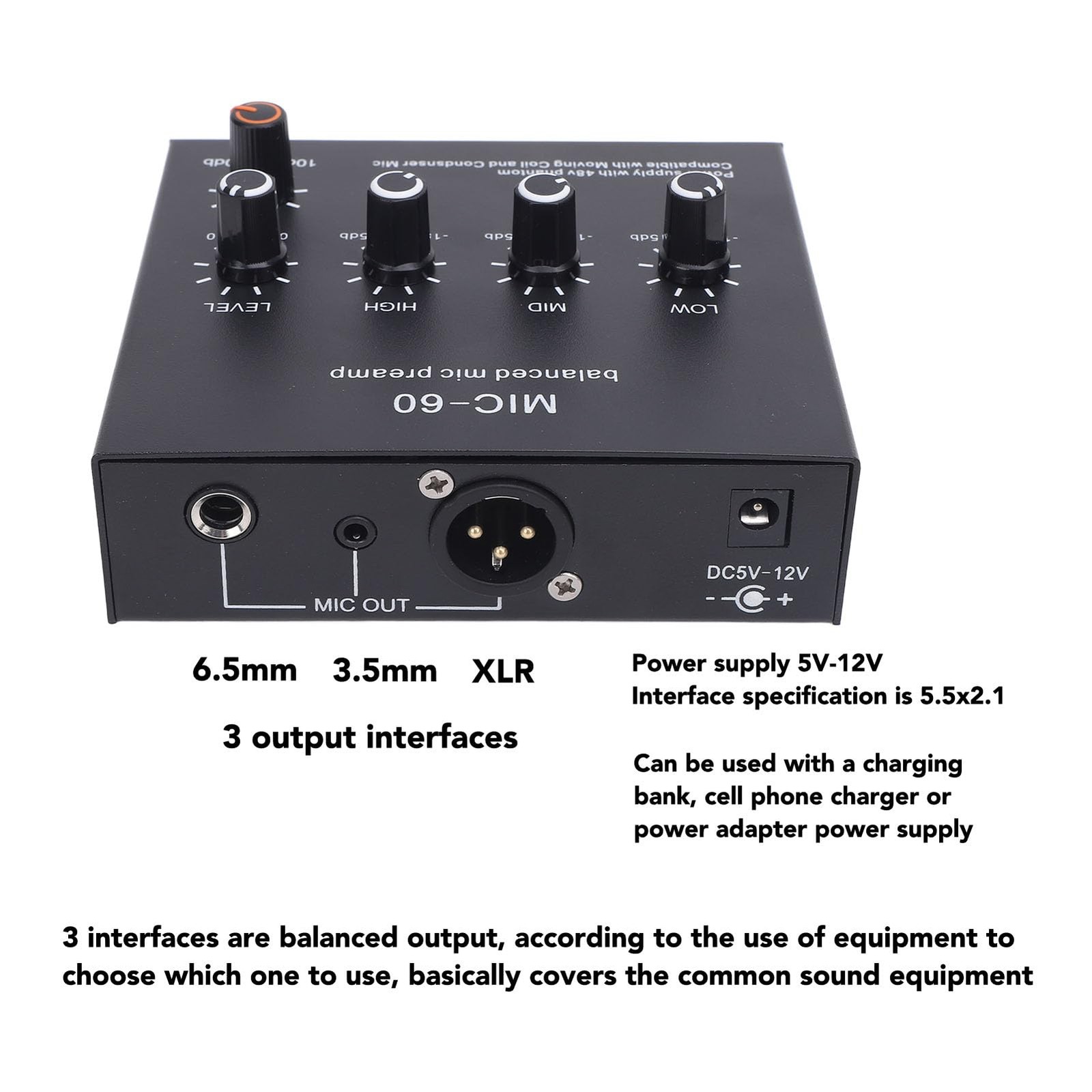 "60dB Microphone Preamp with 48V Power, 3 Inputs, XLR, 3.5mm, 6.35mm Interface"