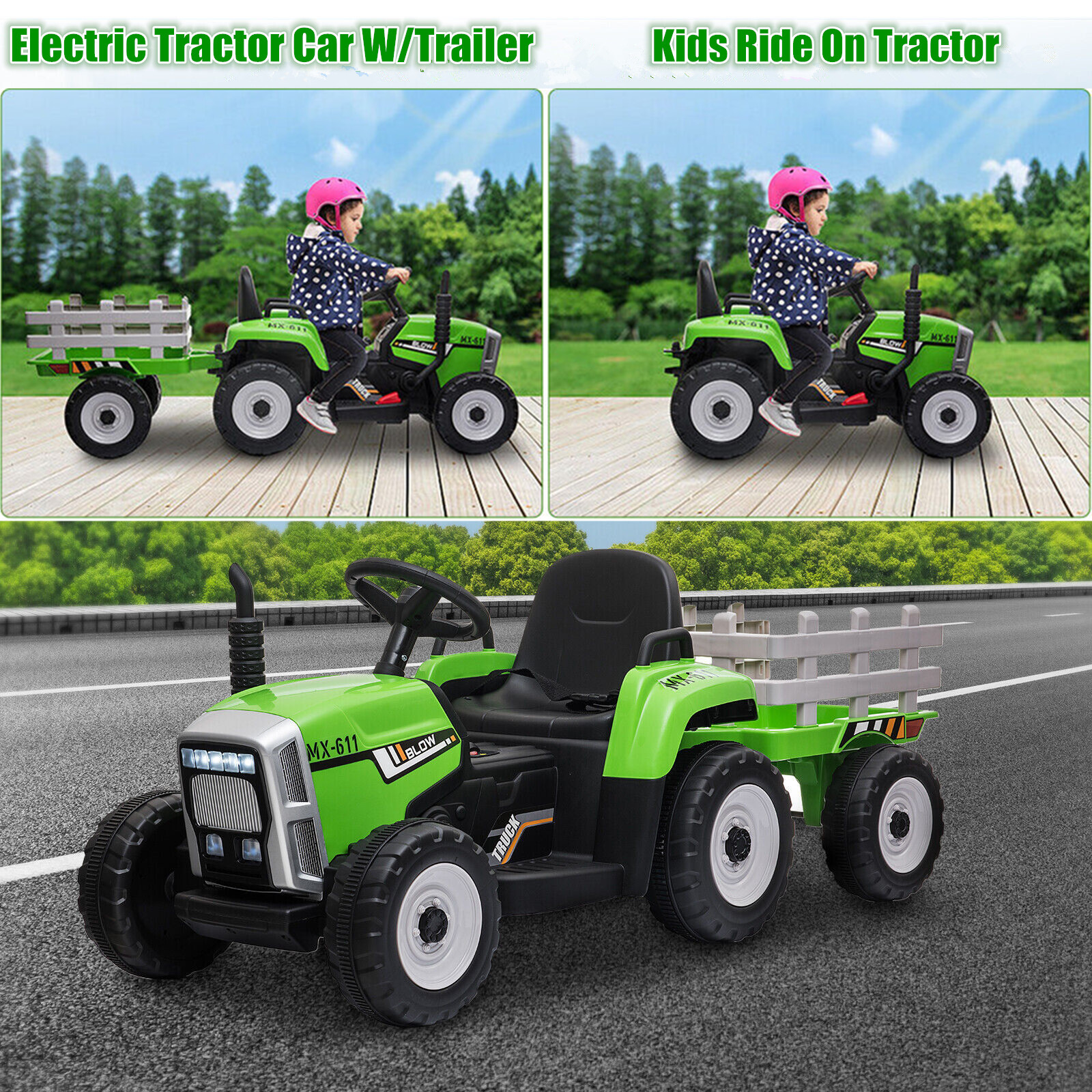 Electric 12V Kids Ride On Tractor Car Farm Truck W/Trailer Remote Control LED