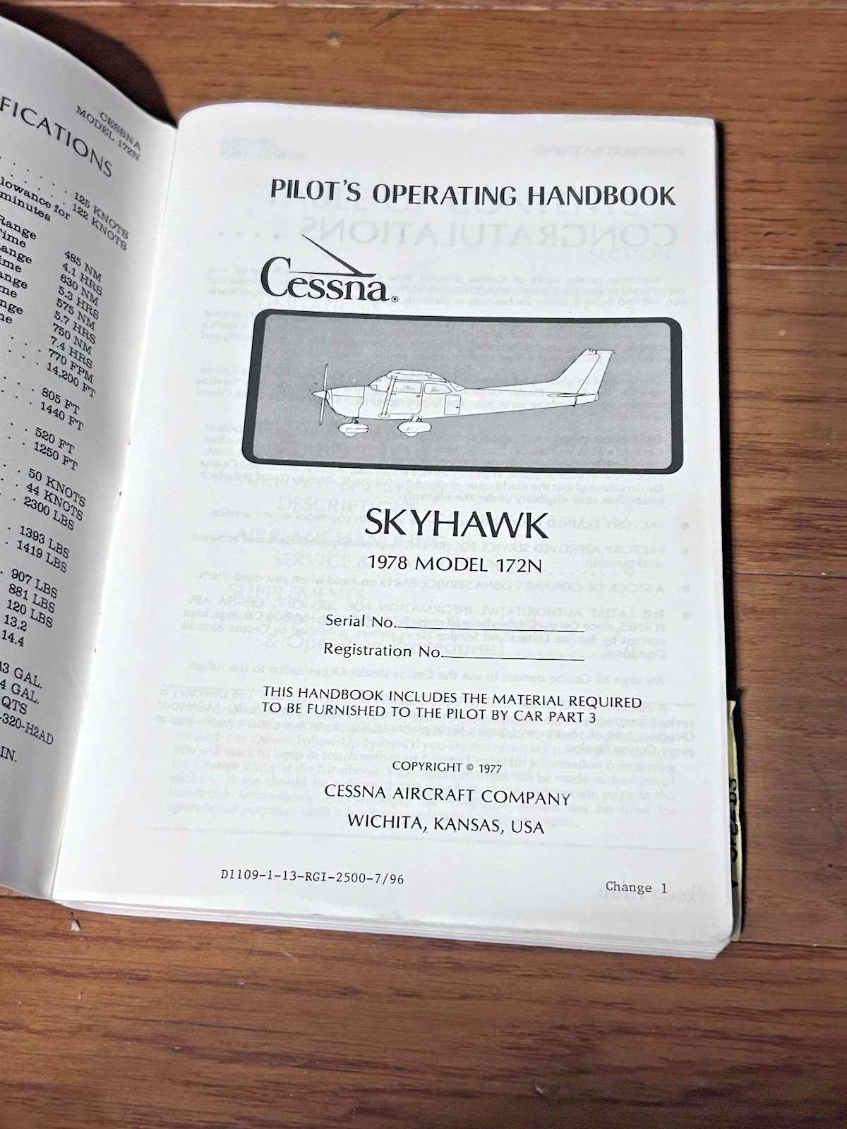 Cessna 1978 Skyhawk Model 172N Pilot's Operating Handbook Manual