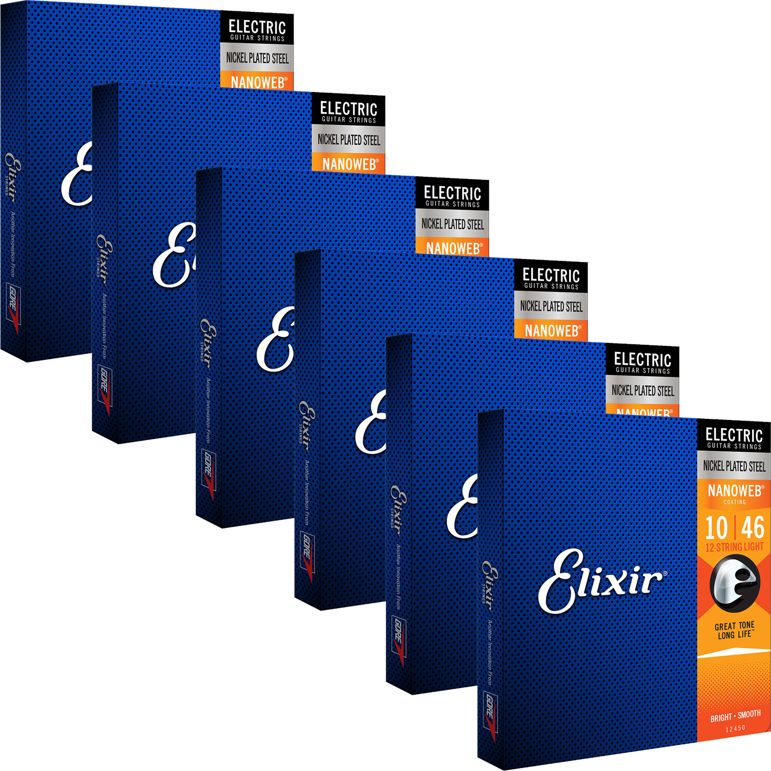 6 Sets Elixir 12450 NANOWEB Electric Guitar Strings, 12-String Light 10-46