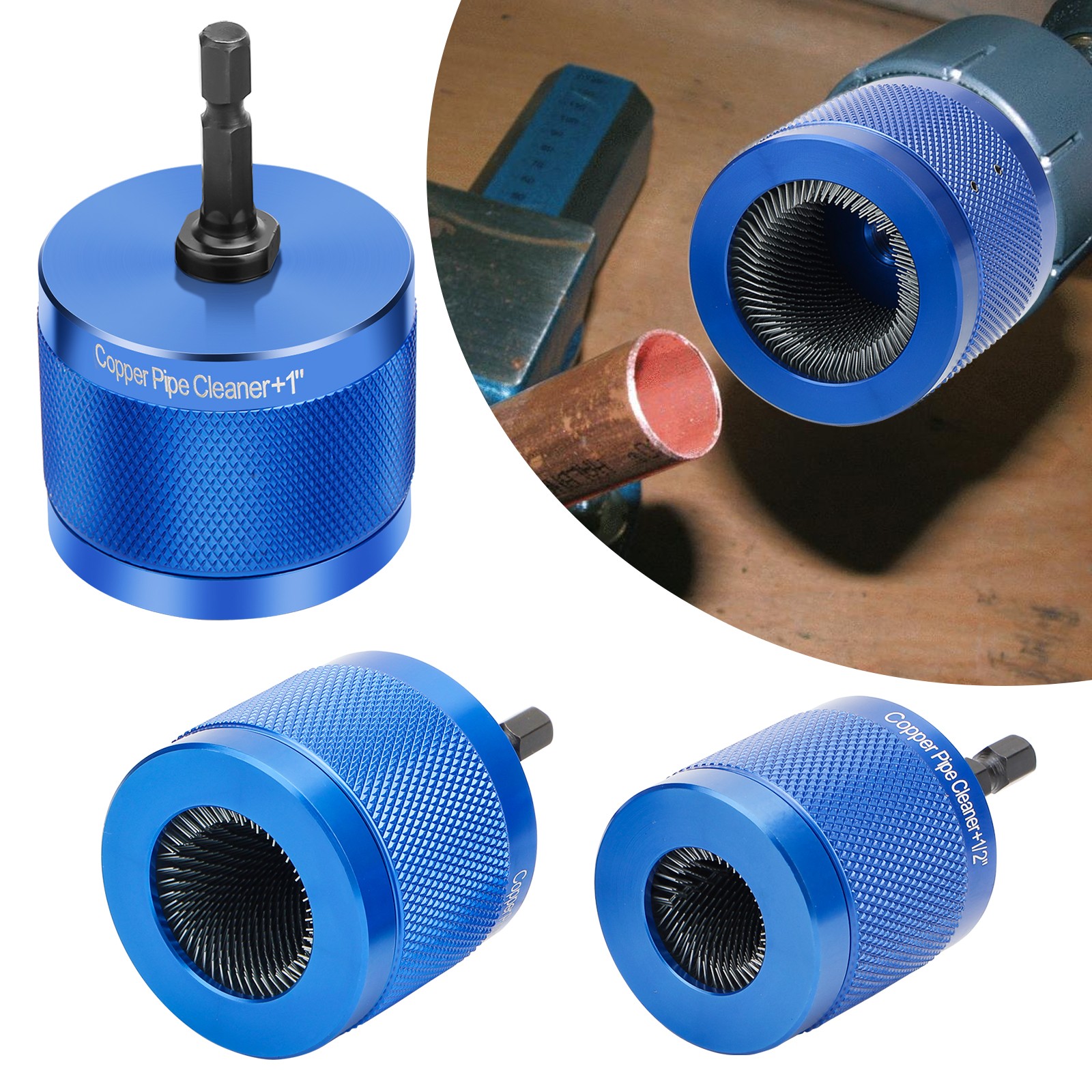 3x Copper Pipe Cleaning Brush Set Drill Attachment 1/2" 3/4" 1" w/ 1/4"Hex Shank
