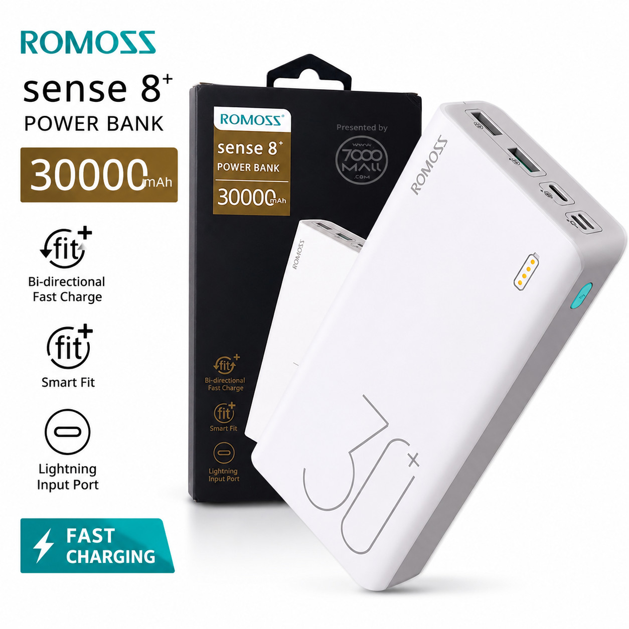 ROMOSS Portable Charger Power Bank 30000mAh 1 Count (Pack of 1), White