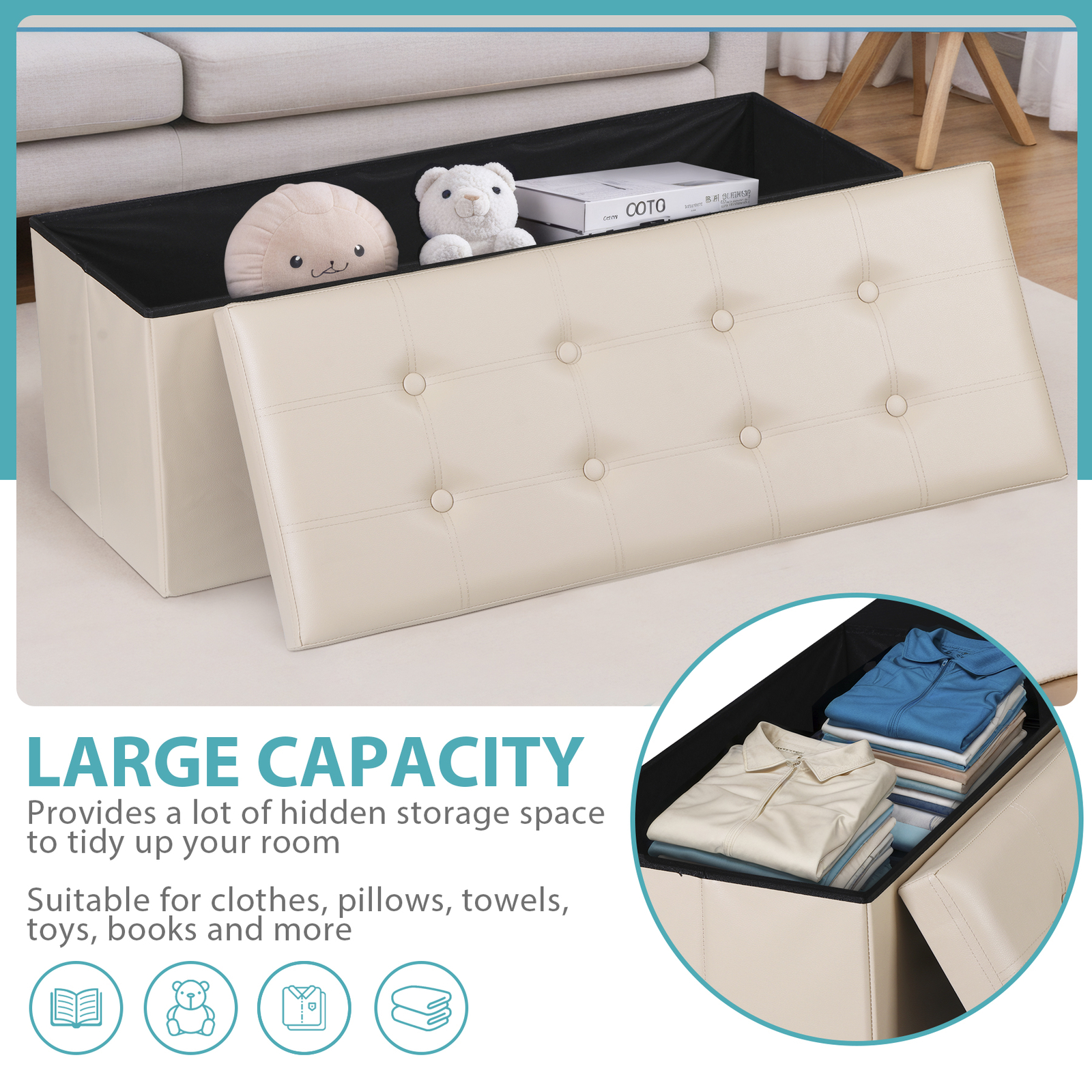 43" Folding Storage Ottoman Bench Fireproof Storage Chest Foot Rest Stool 660lbs