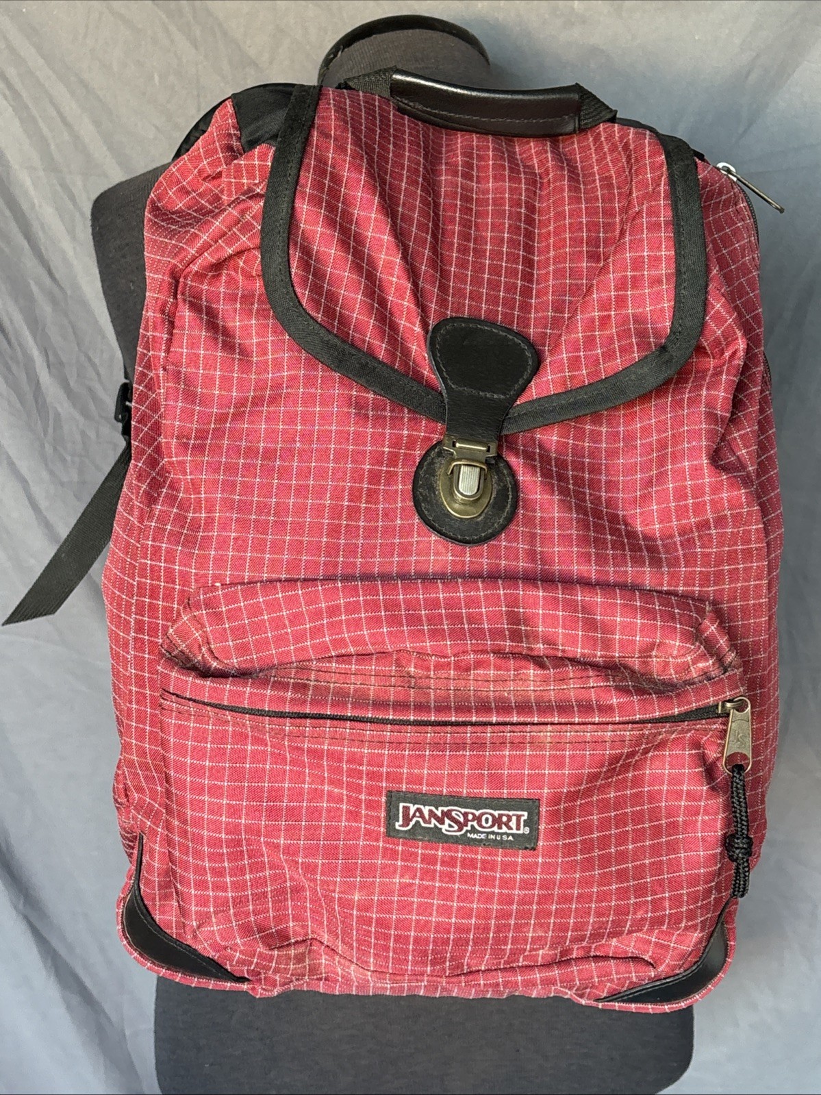 Vintage Jansport Day Pack Backpack Red Checkered Hiking Made in USA Drawstring