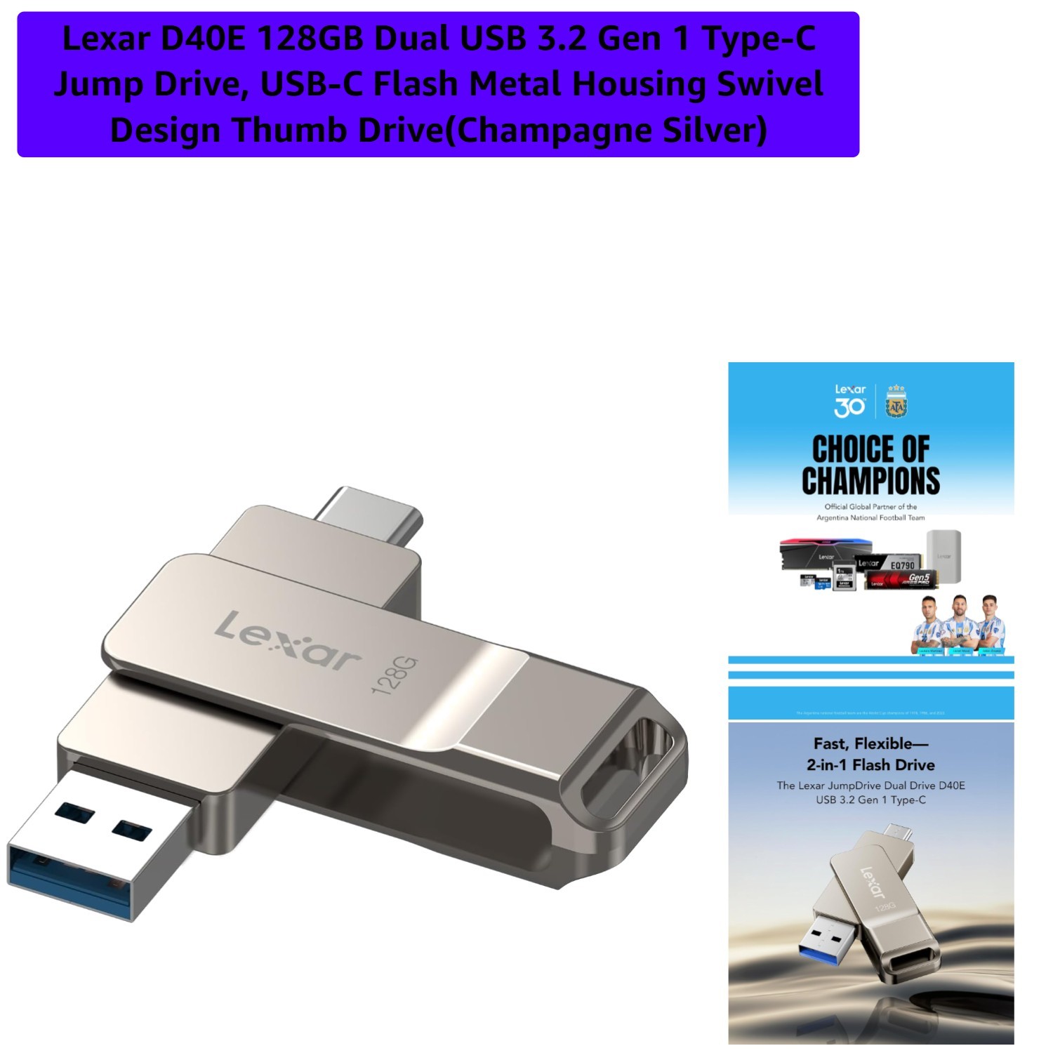 D40E 128GB Dual USB 3.2 Gen 1 Type-C Jump Drive, USB-C Flash Metal Housing Sw...