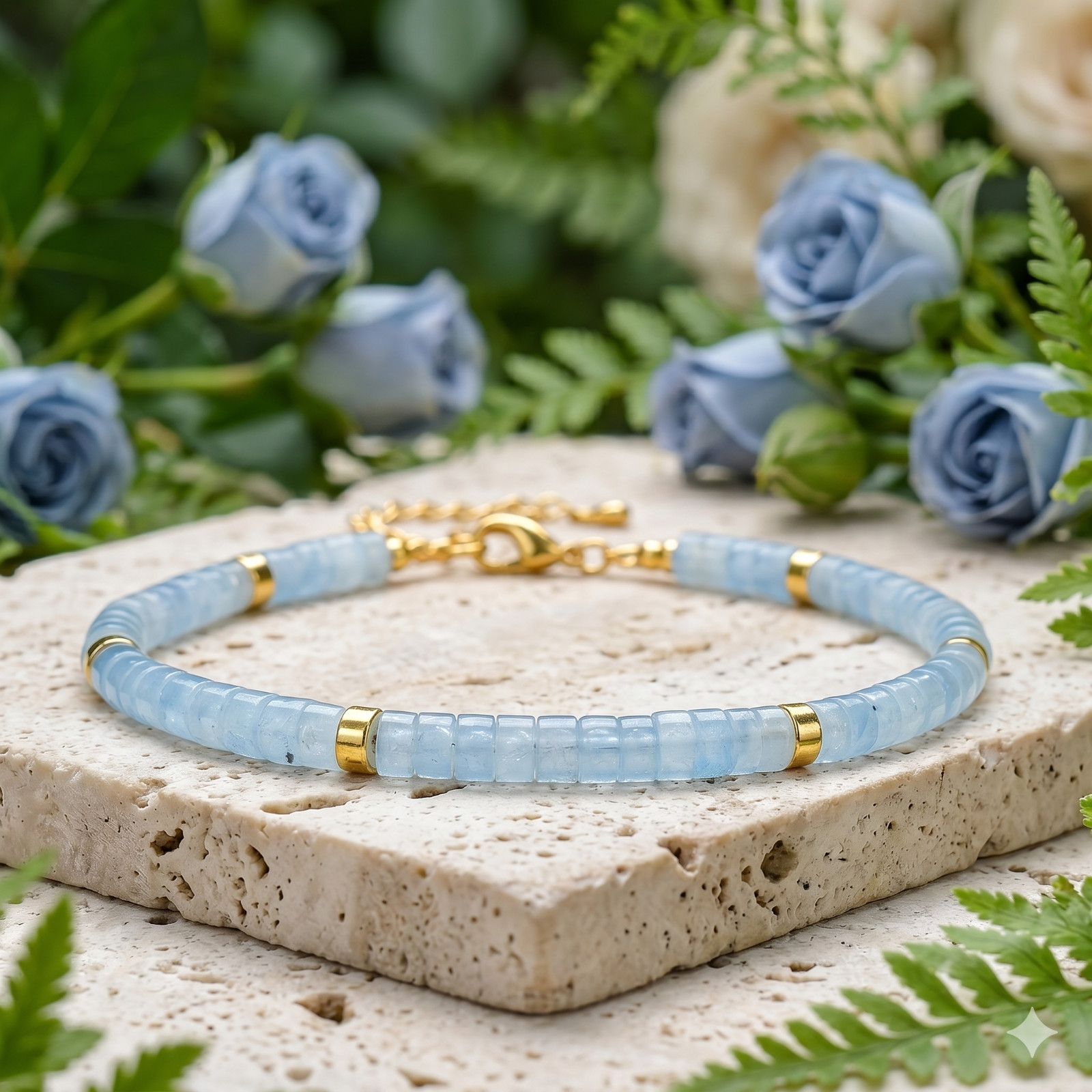 Natural Aquamarine Heishi Bead Bracelet Gold Plated Adjustable Throat Chakra