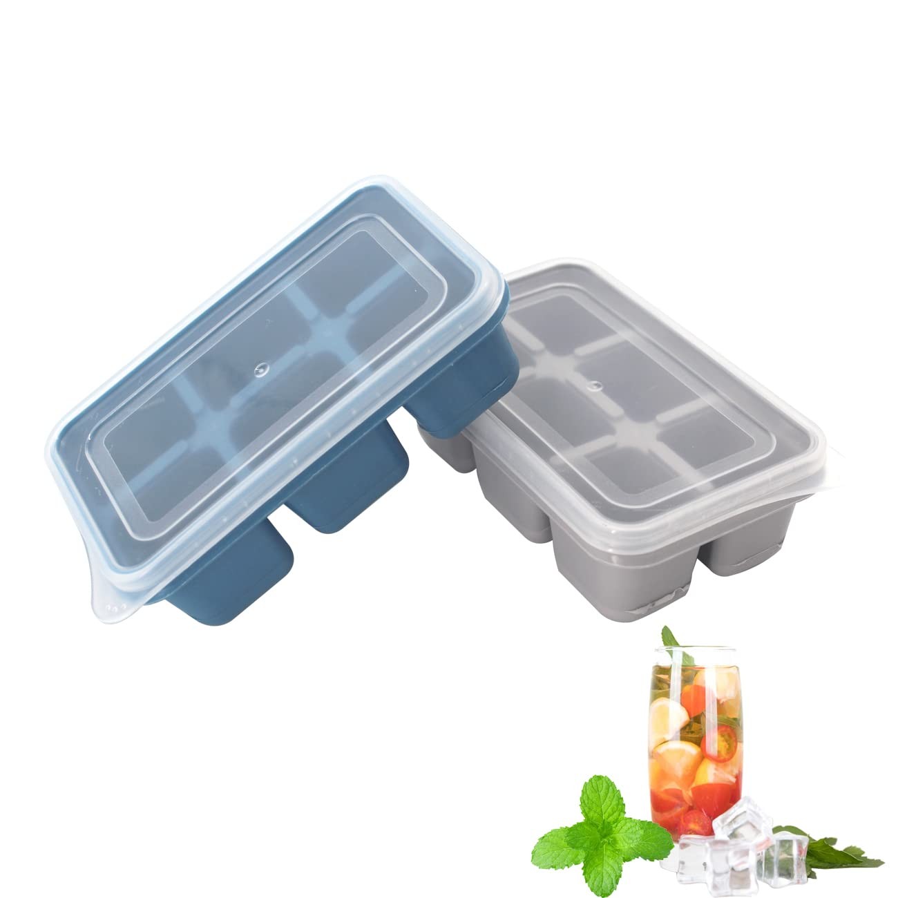 Ice Cube Trays 2 Pack - Mini Size Silicone Molds with 2, Gray,Blue