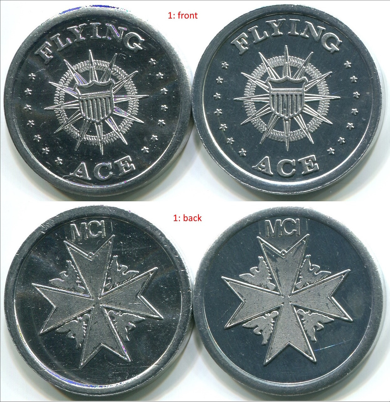 TA120 Flying Ace MCI 1973 Maltese Cross, amusement game arcade 2 UNC tokens