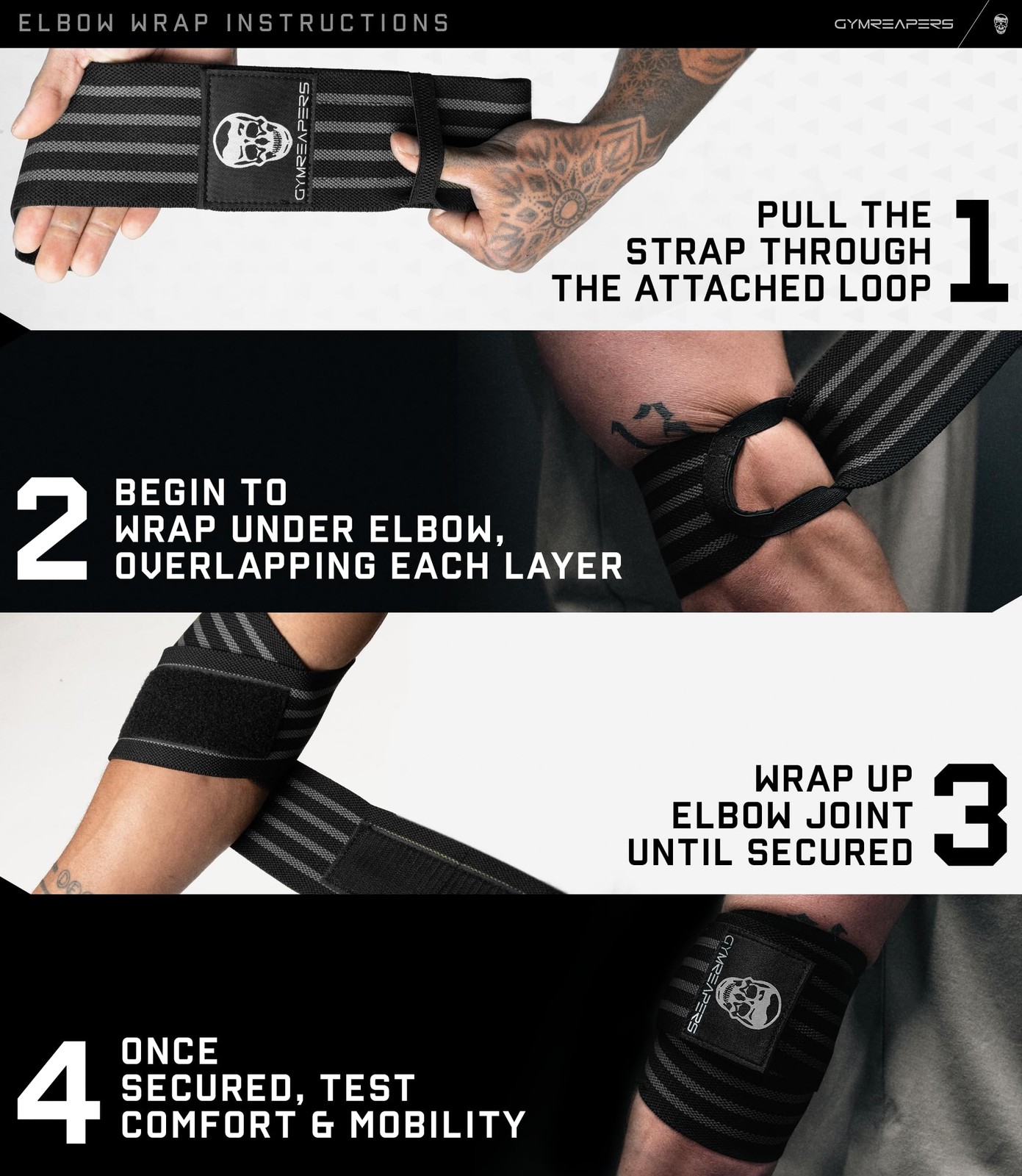 Gymreapers Weightlifting Elbow Wraps (1 Pair) - Flexible 40'' Gray