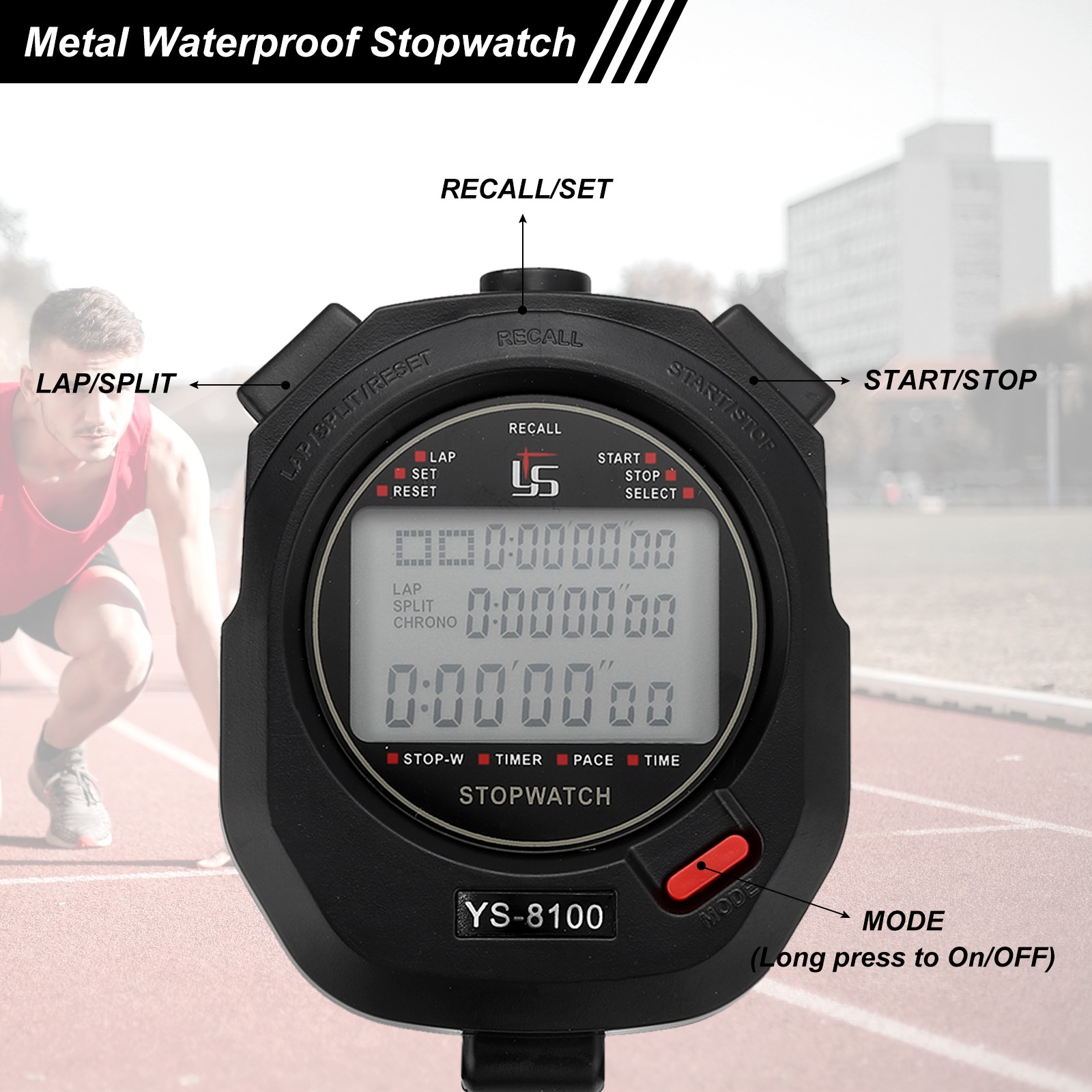 Professional Sport Stopwatch Timer 100 Lap Memory 0.01 Second Timing Black