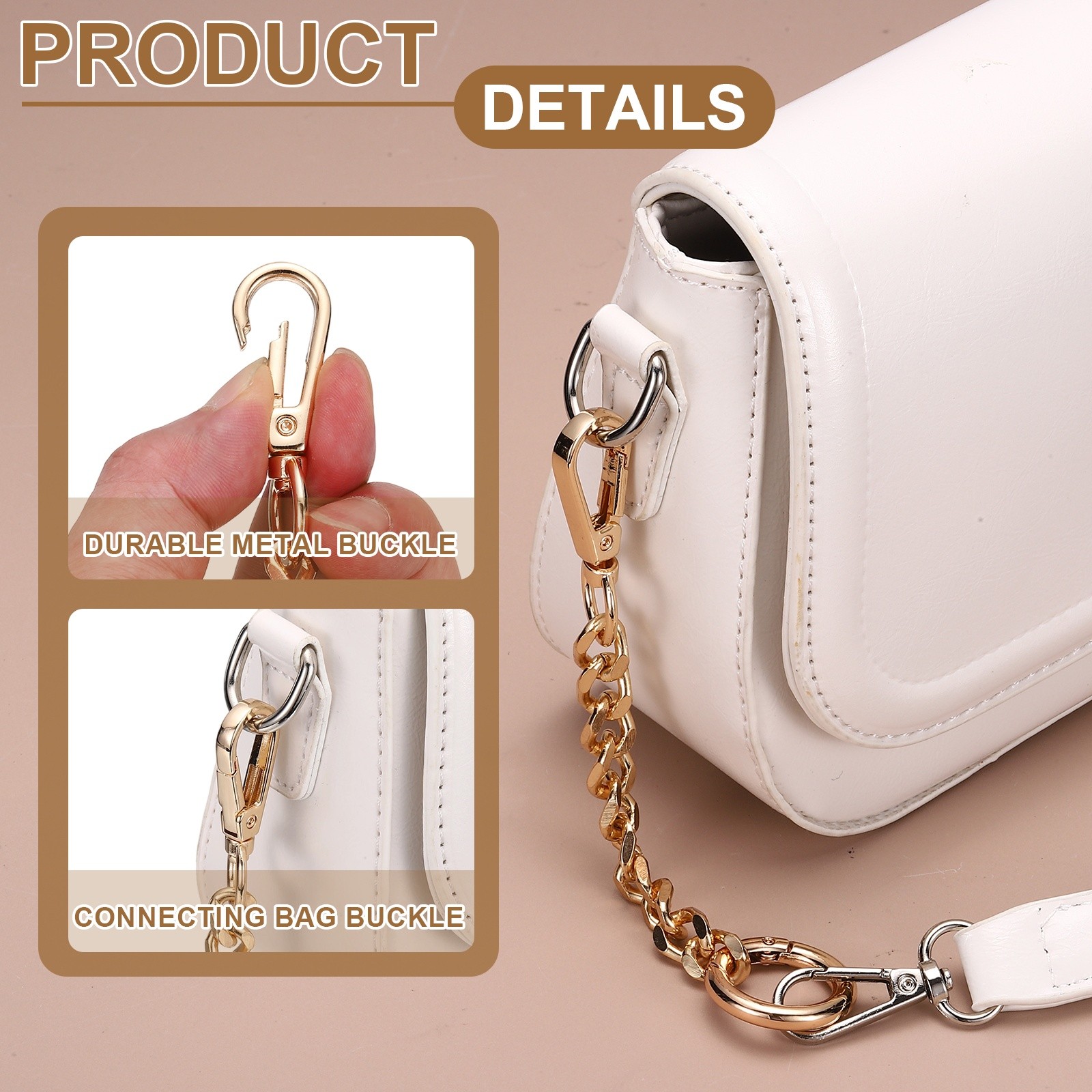 6" Chunky Metal Purse Strap with Spring Buckle Silver White 0.4" Width