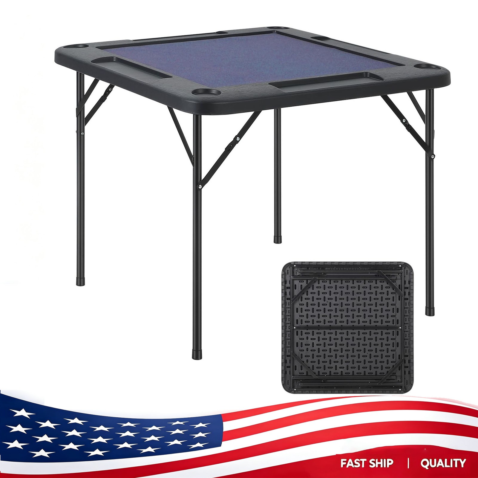 35/39 in Mahjong Square Folding Card Table w/ Felt Blue and Cup Holders 4 Player