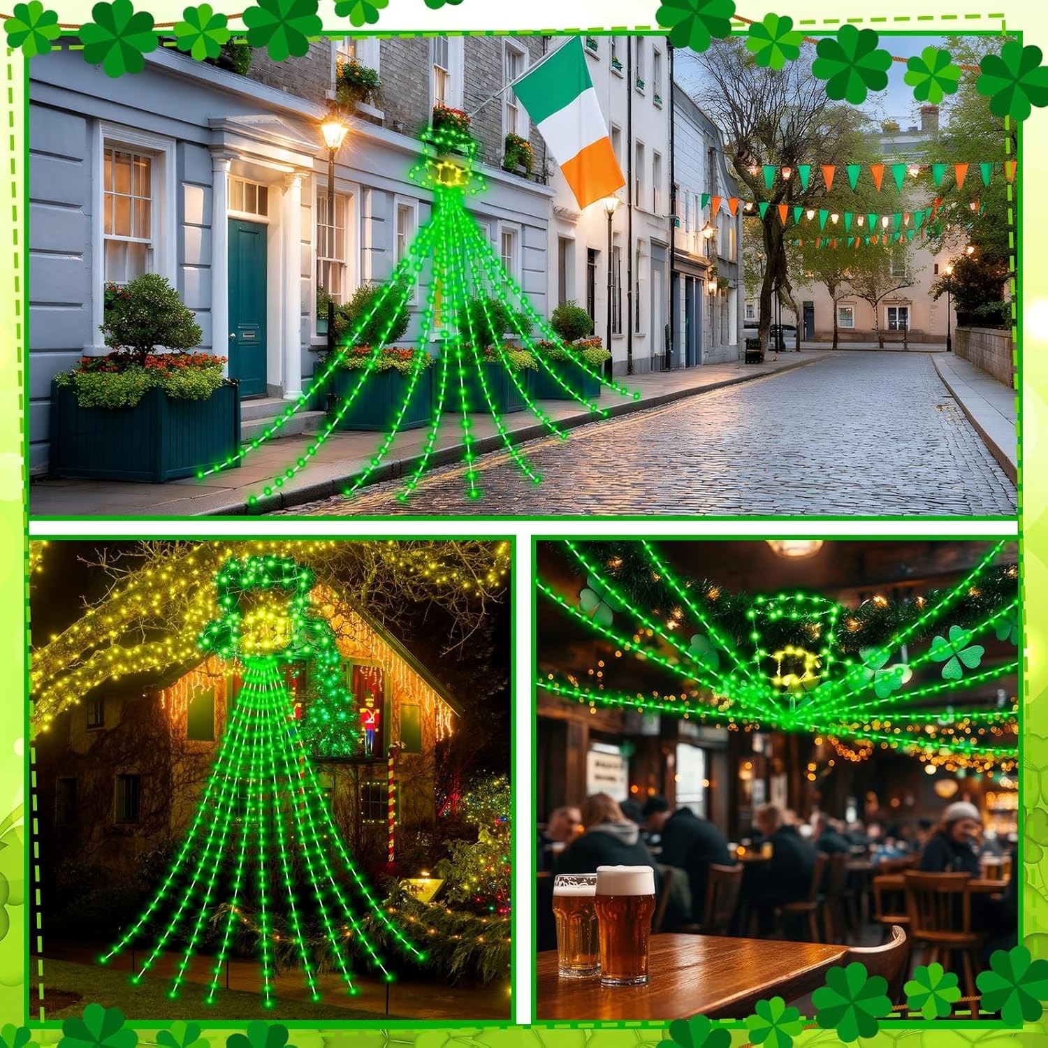 12 ft St Patrick's Day Waterfall String Lights with 320 LED Leprechaun Hat Light