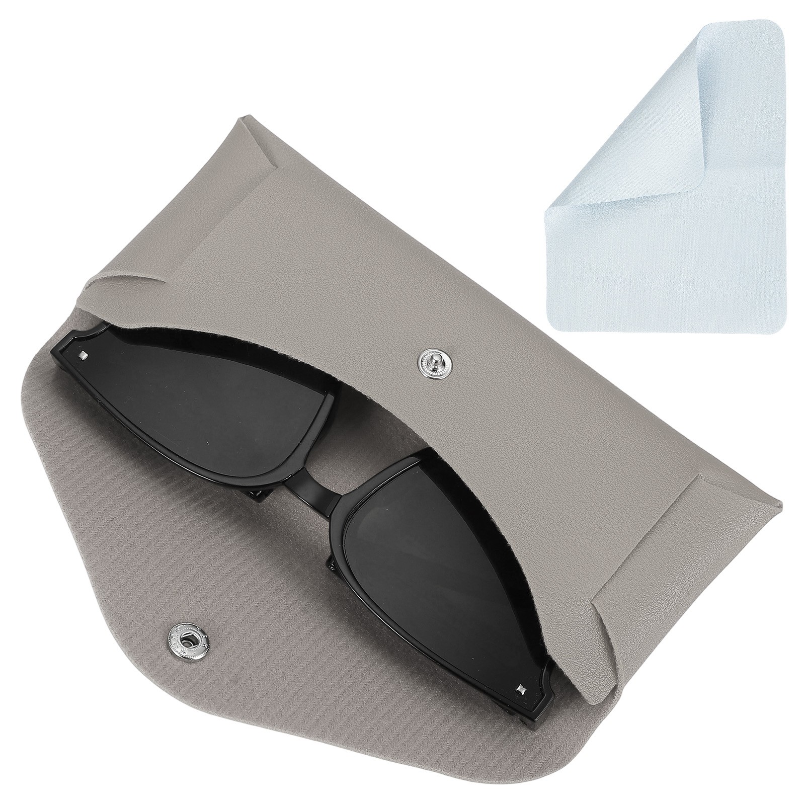 Leather Glasses Case Holder with Button and Cleaning Cloth (Grey)]