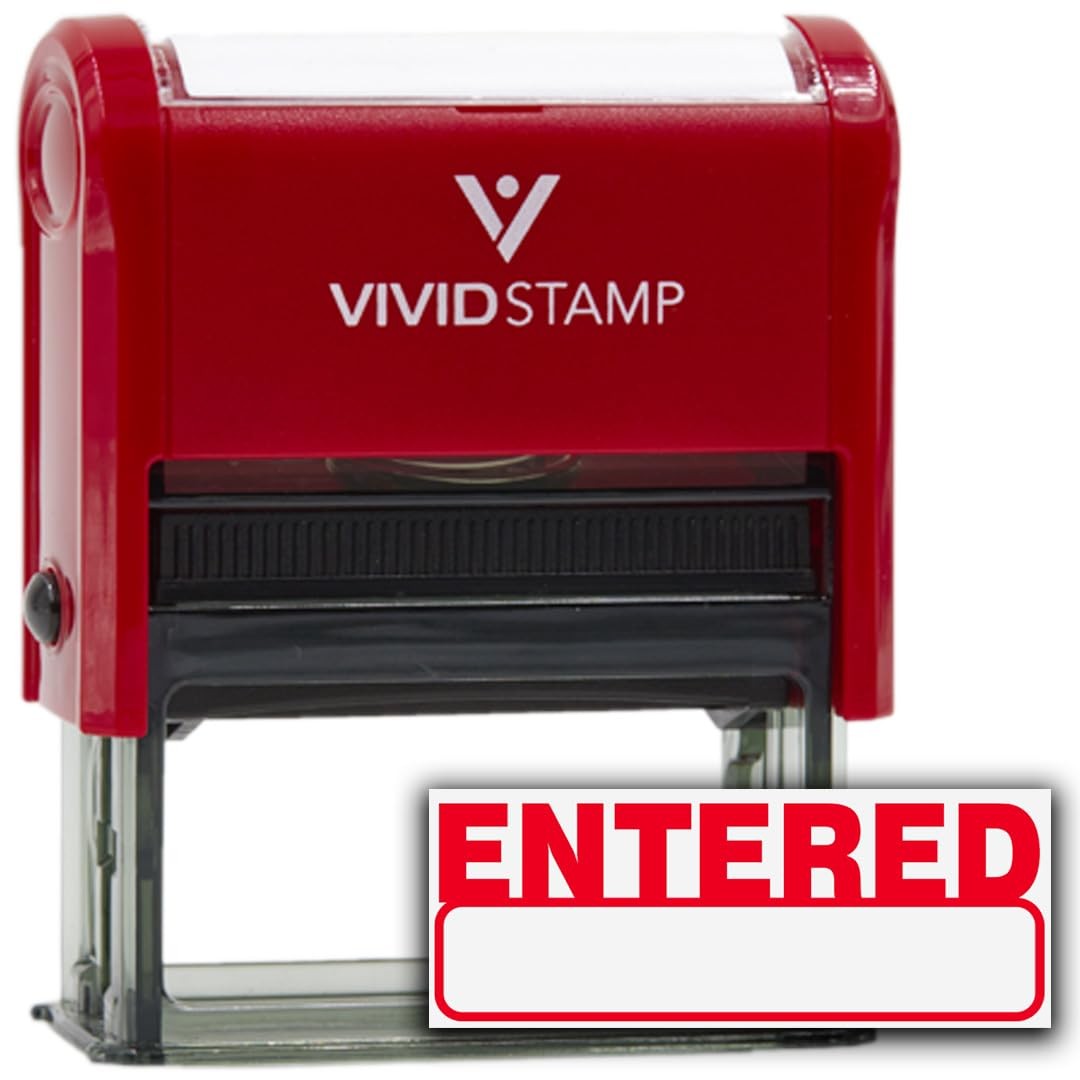 Medium "Entered" Basic Self-Inking Rubber Stamp with Red Ink for Office