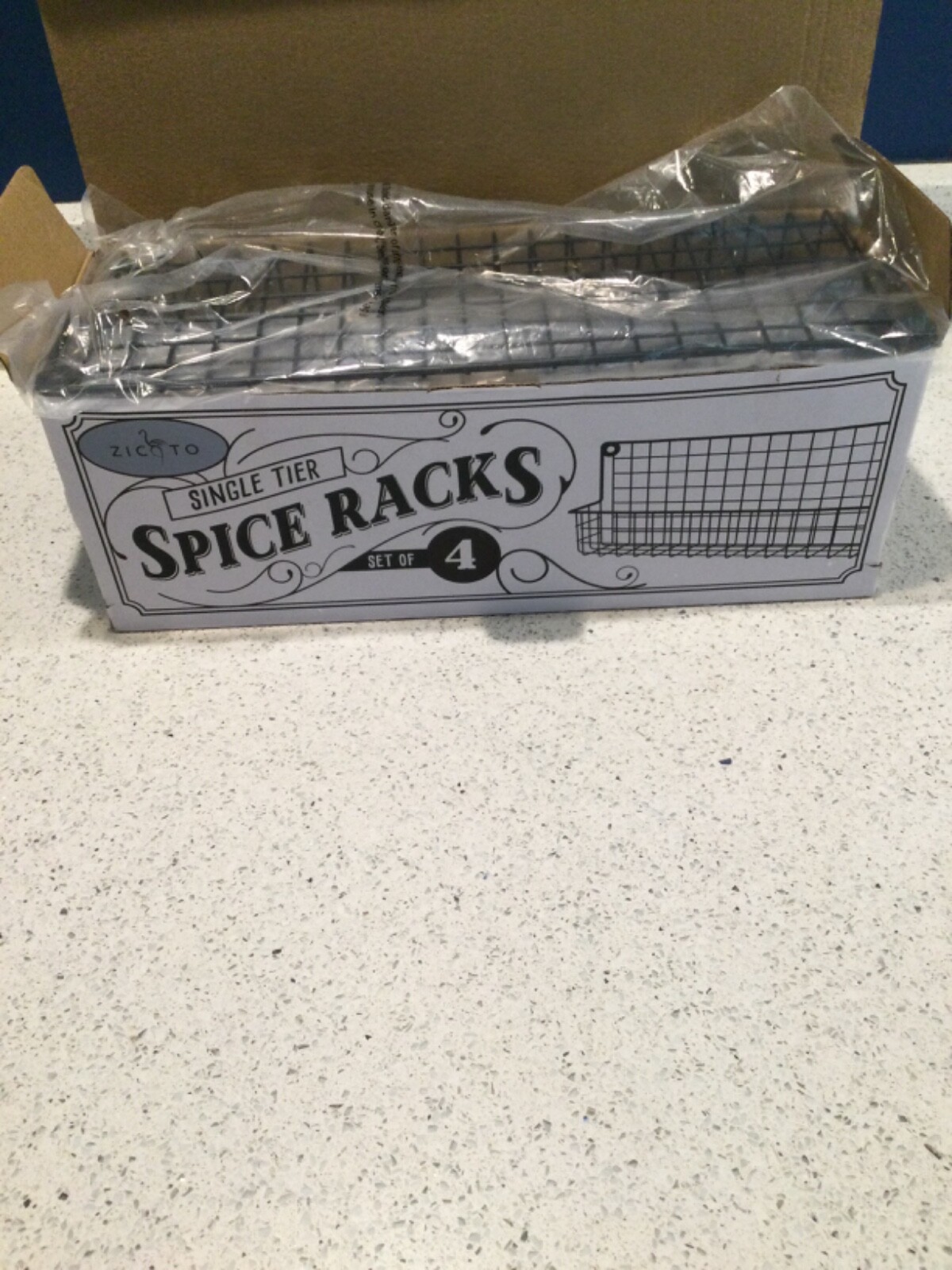 ZICOTO Spice Racks set of 4 Space Saving Shelves open box in plastic