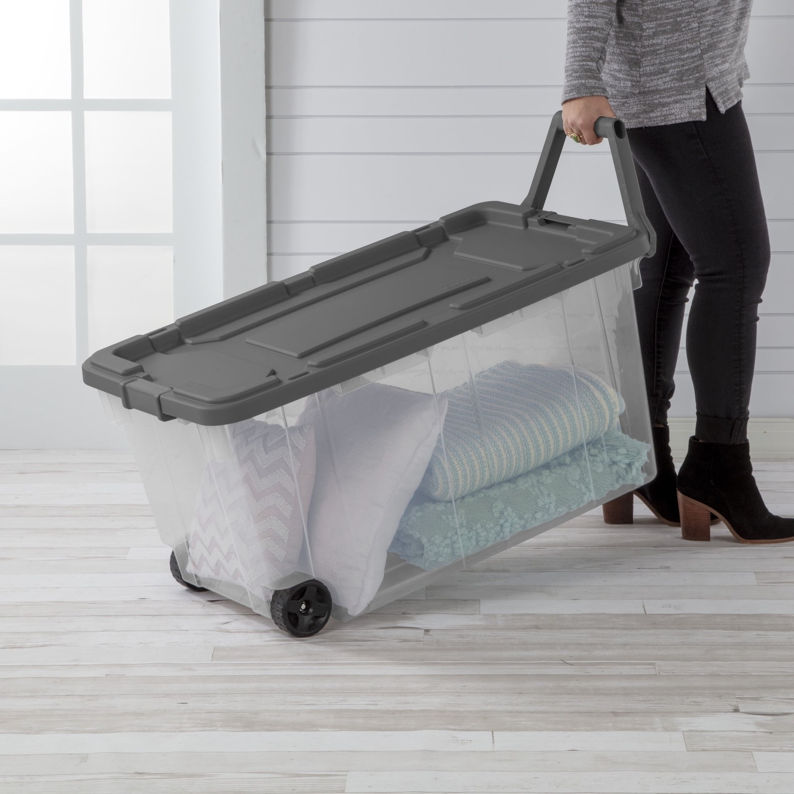 (2 pack 160 Quart Extra-Large Wheeled Storage Bin Clear Storage Container W/