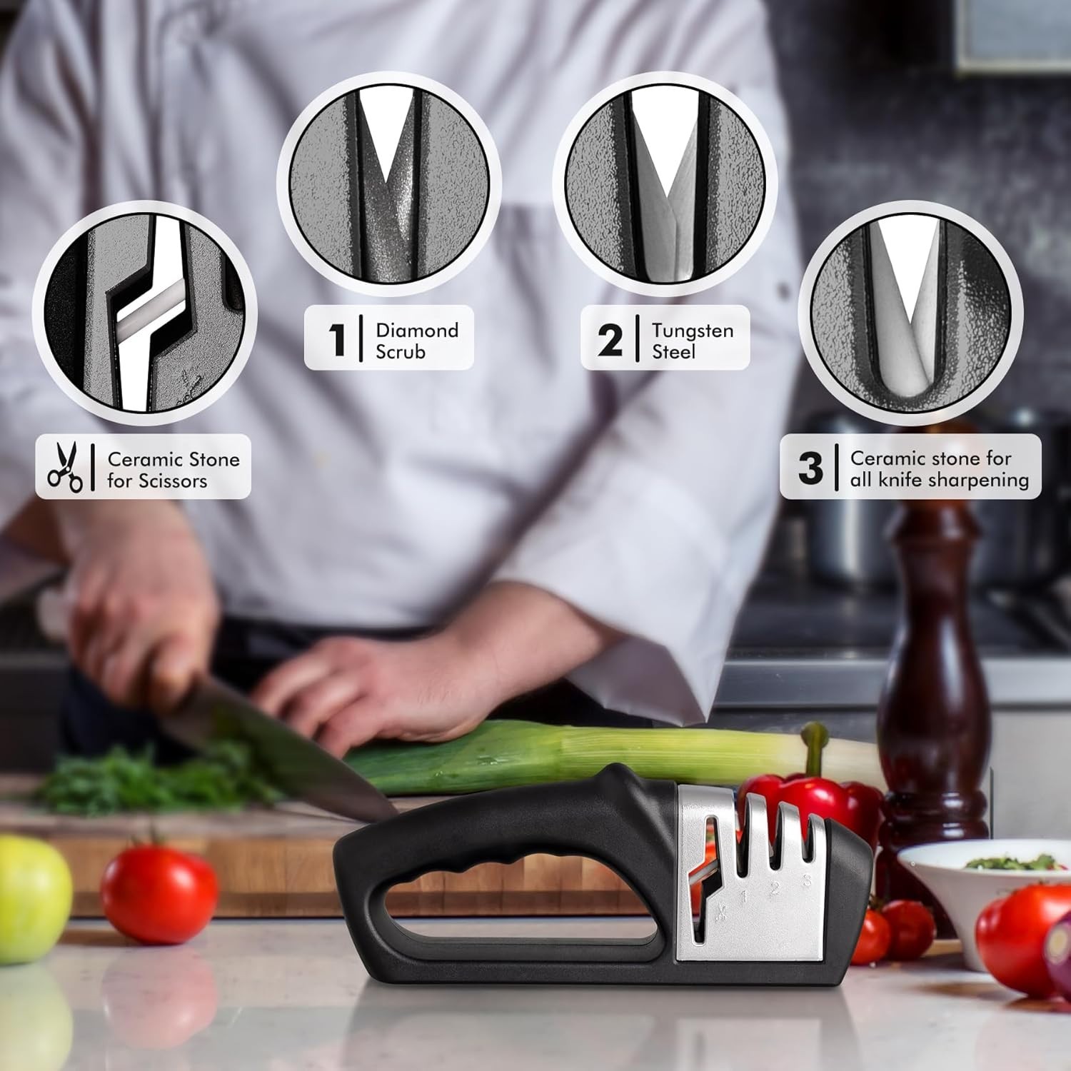Knife Sharpener Professional Ceramic Tungsten Kitchen Sharpening System 3 Stage