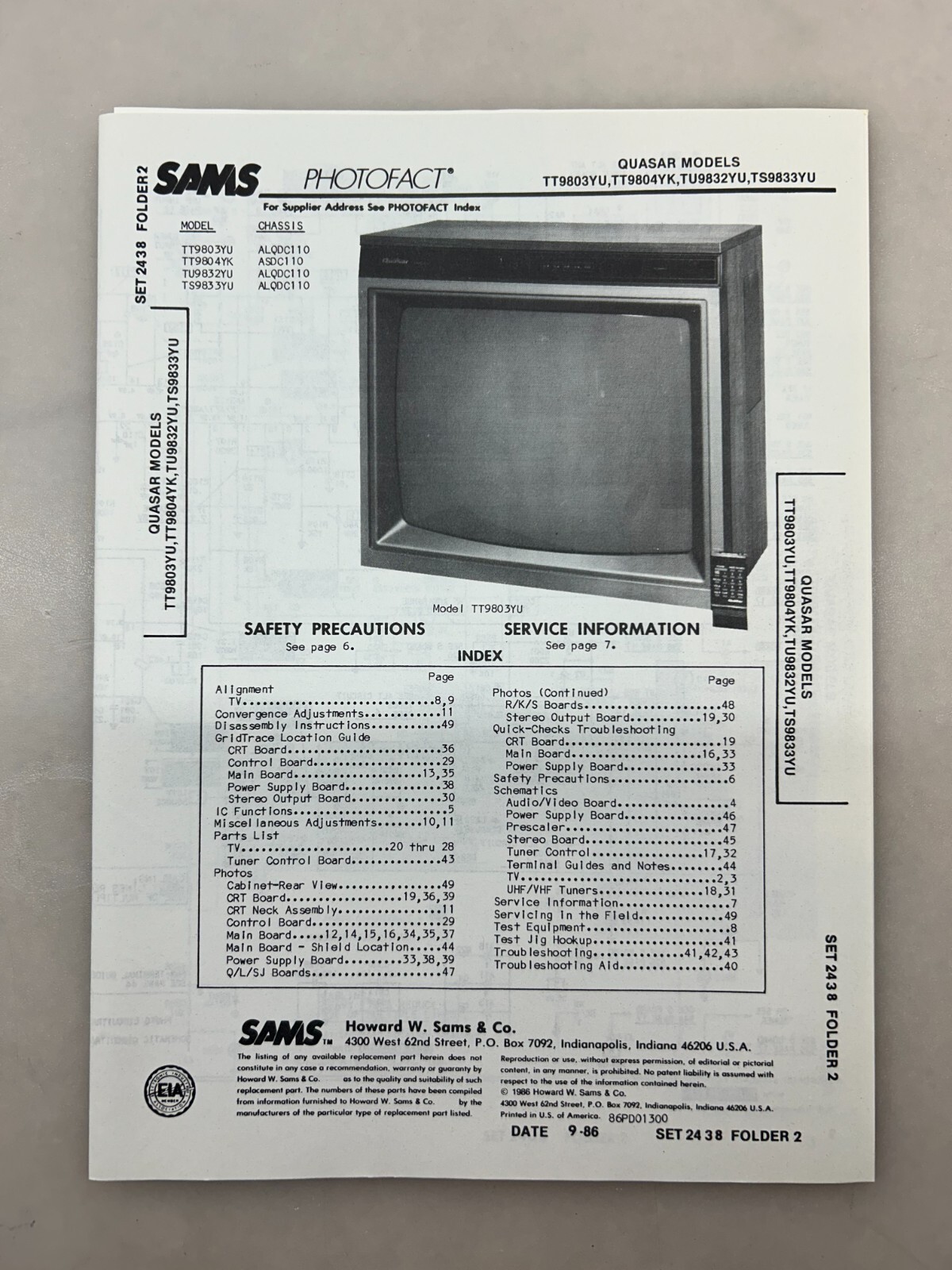 Quasar TT9803 TT9804 TU9832 TS9833 Service Manual Sams Photofact Free Shipping