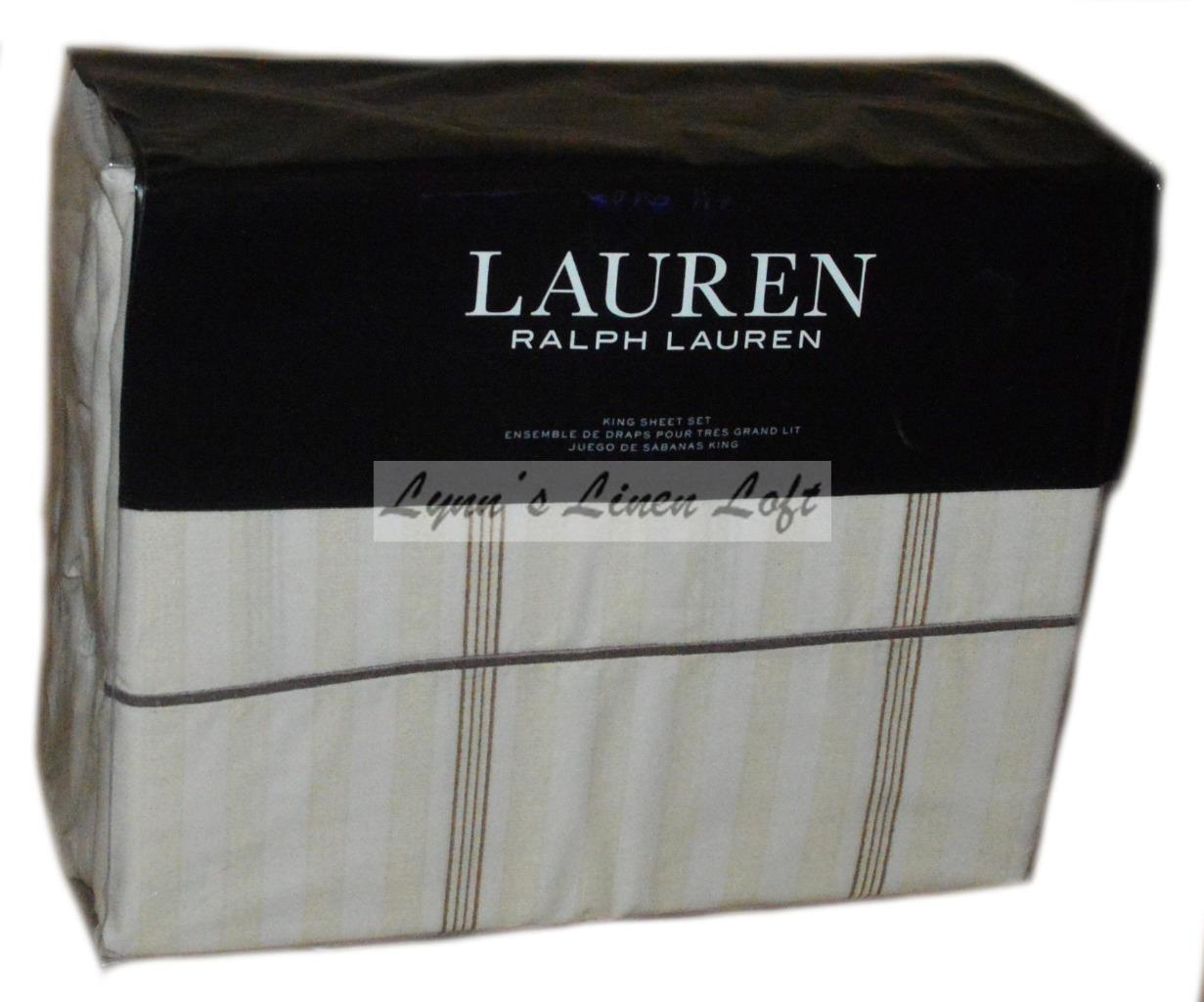 RALPH LAUREN Allie Stripe KING SHEET 4PC SET NEW COTTON Cream Flax $220