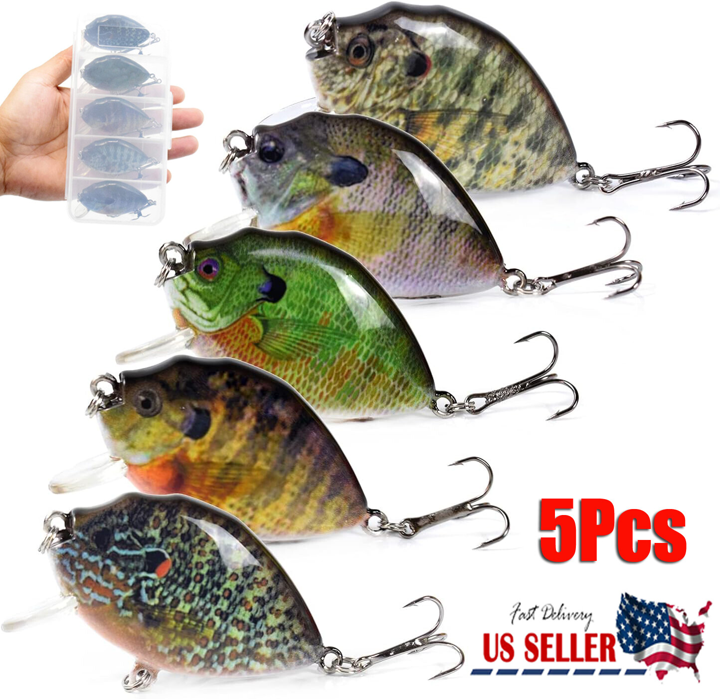 5Pcs Fishing Lure Lot Shallow Diving Rattling Crankbait Hook Bass Bait Tackle US