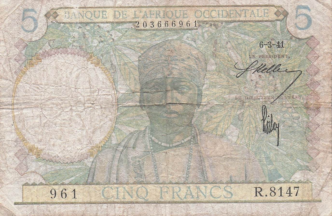 F. W. Africa  5  Francs   6.3.1941  Series  R. 8147  Circulated Banknote BTx1