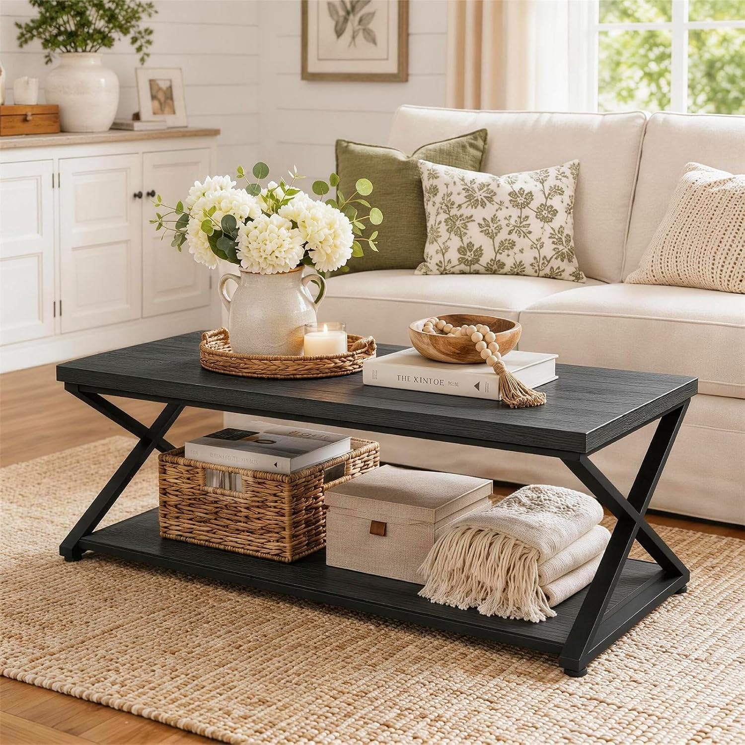 Coffee Table for Living Room, 2 Tier Rectangular Tea Table, Industrial Center Ta